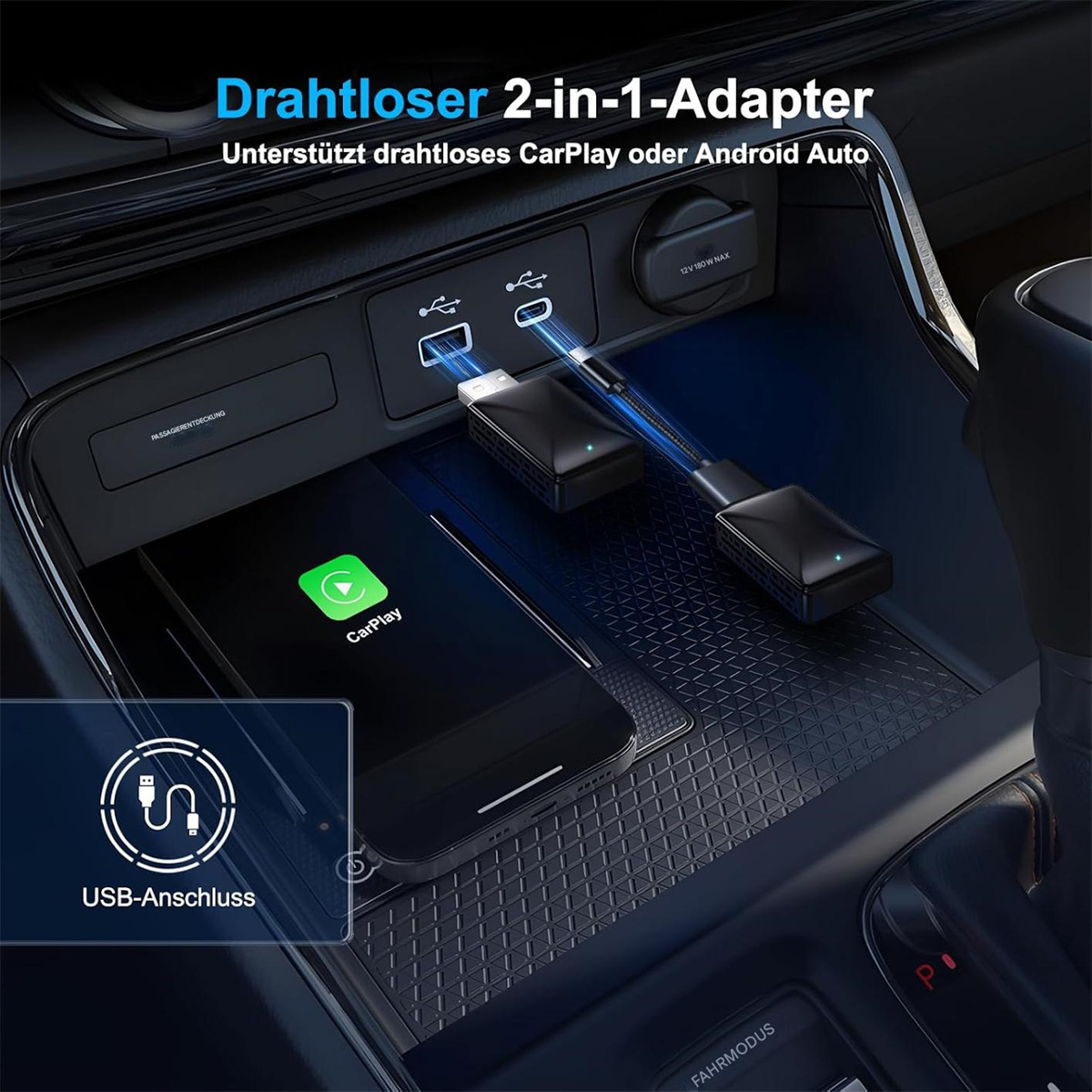 Autokonsole mit Telefon, WLAN-Adapter und USB-Anschlüssen.