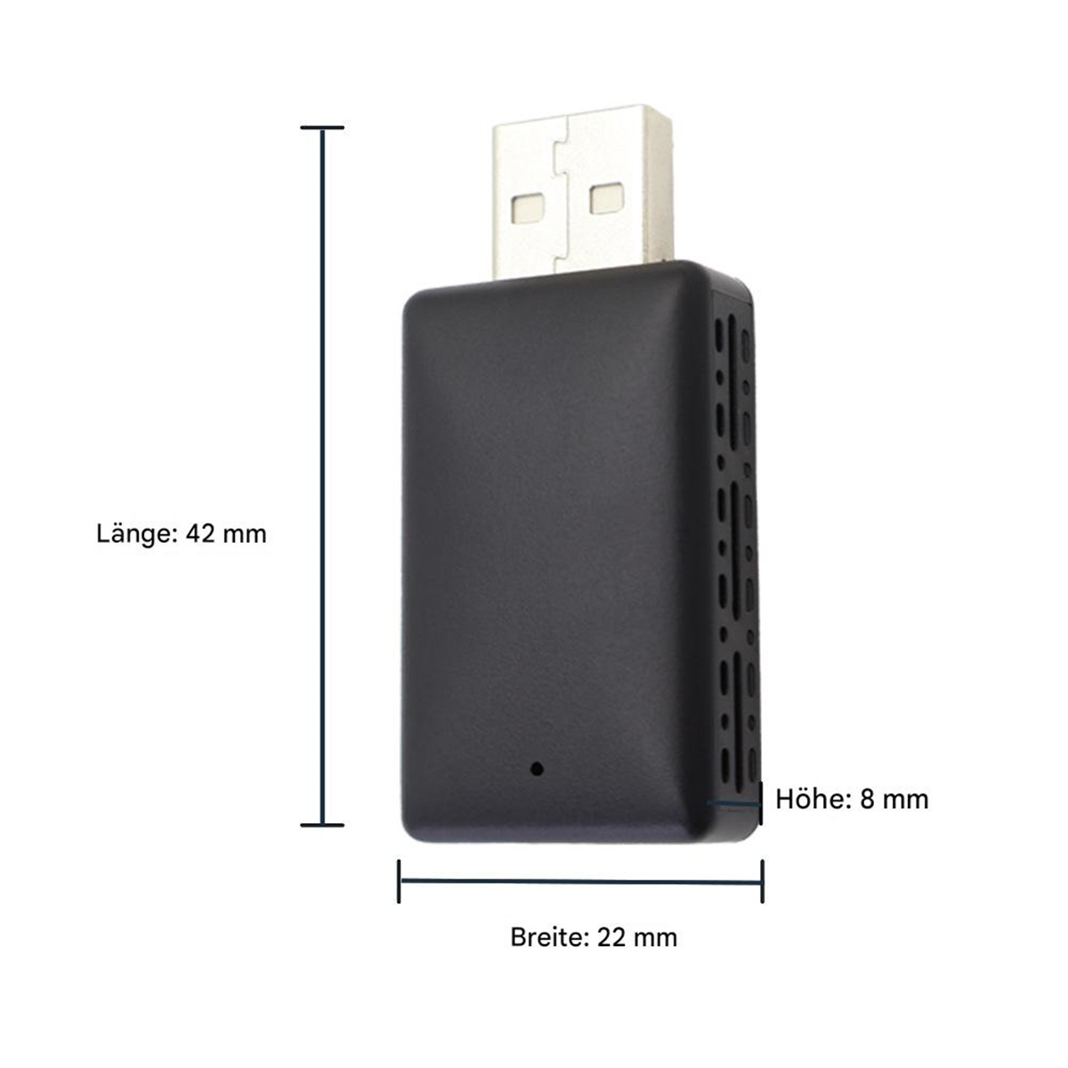 Schwarzer USB-Adapter mit in mm beschrifteten Abmessungen auf weißem Hintergrund.