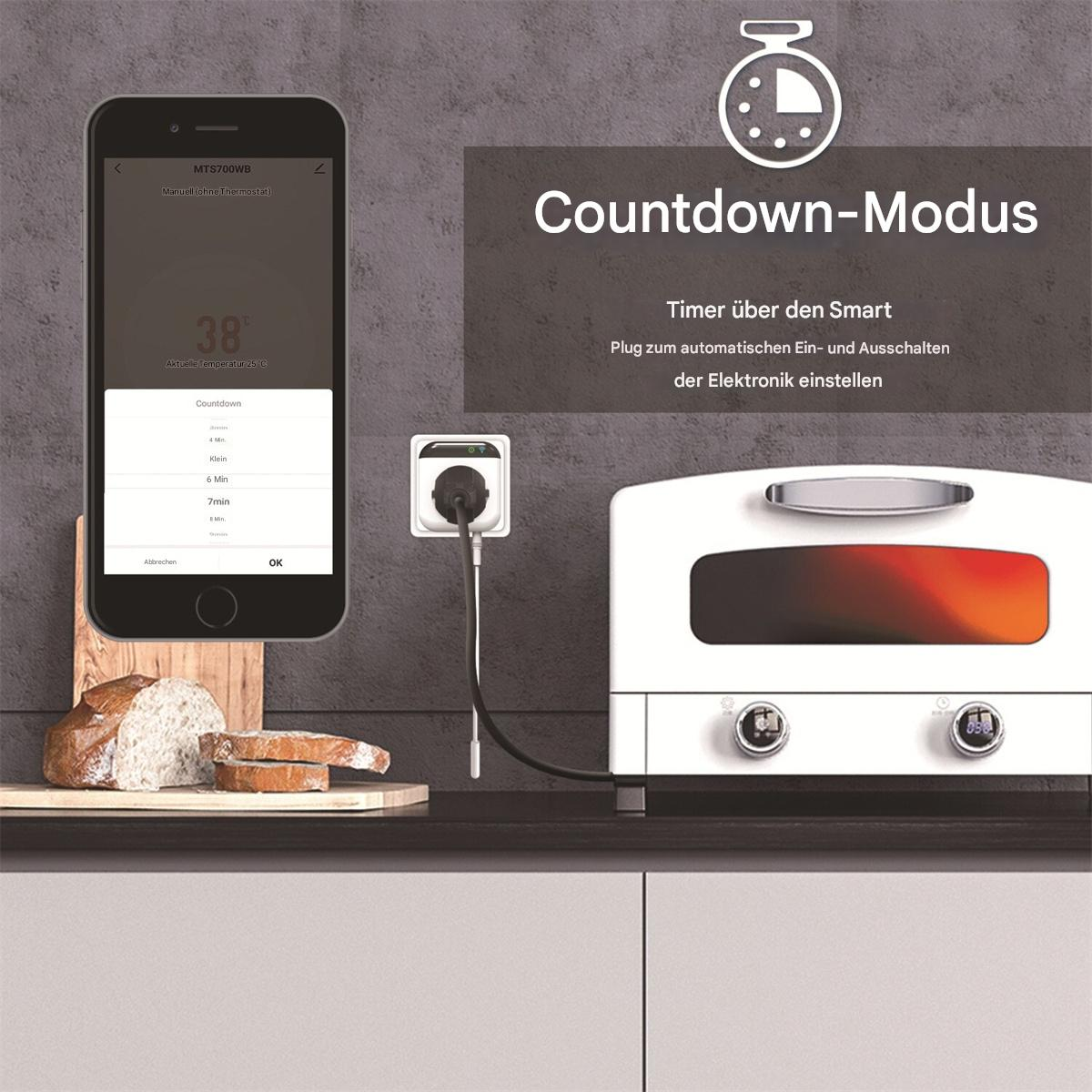 Ein Smart Plug mit Timerfunktion, der eine Telefonoberfläche und einen Toaster zeigt.