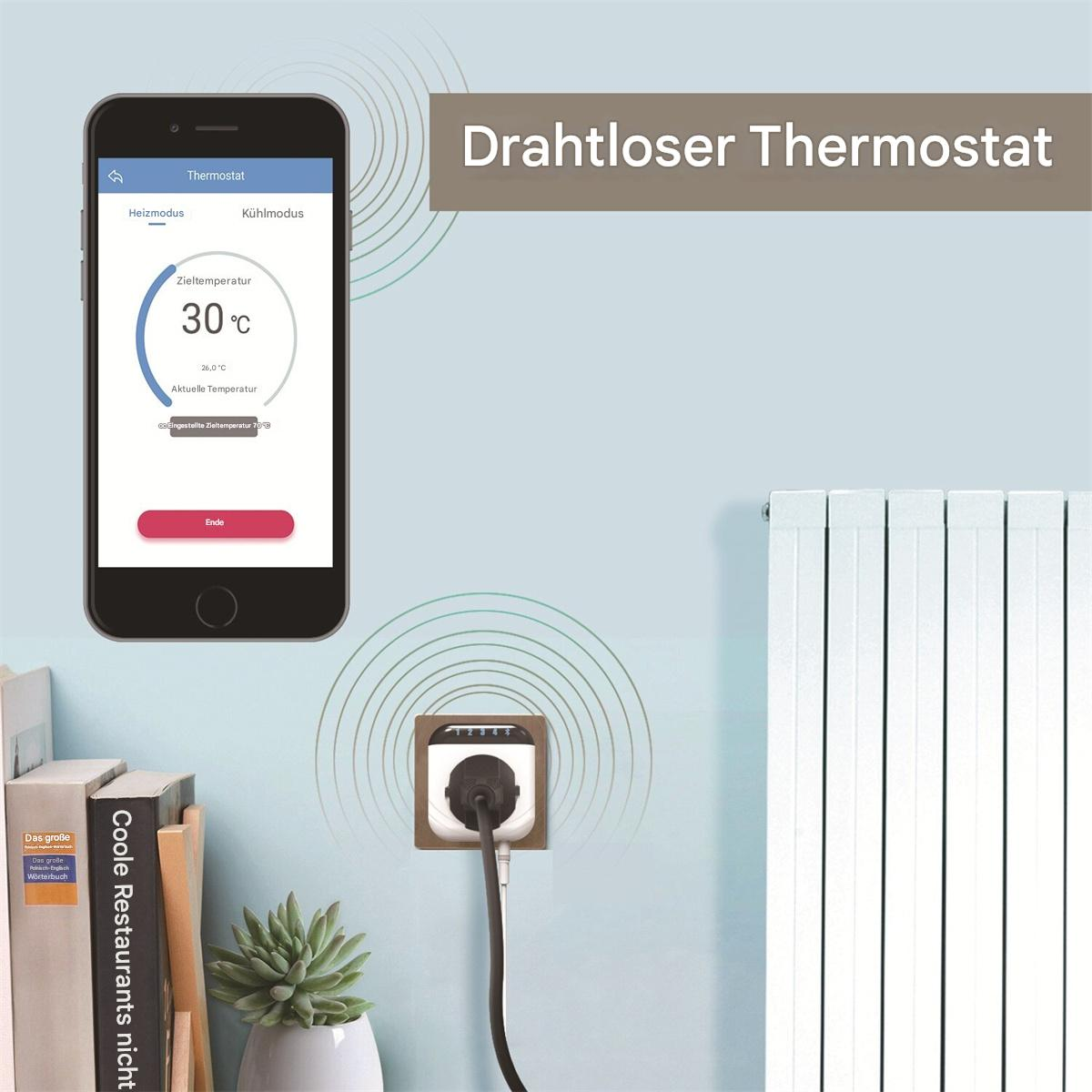 Ein Smartphone zeigt eine Thermostat-Oberfläche. Steckdose und Heizkörper im Raum sichtbar.