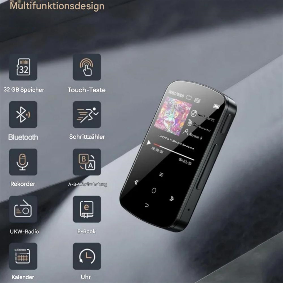 Schwarzer tragbarer Musikplayer mit Icons für verschiedene Funktionen, Touchscreen und Knöpfen.