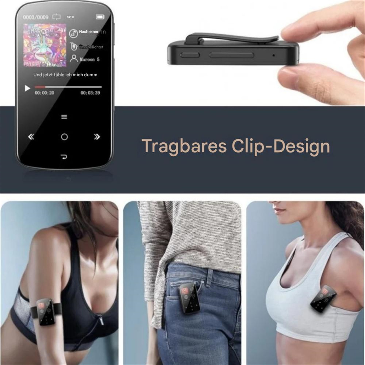 Tragbarer MP3-Player im Clip-Design mit Bildschirm, neben einer Hand und drei Verwendungen an einer Person.