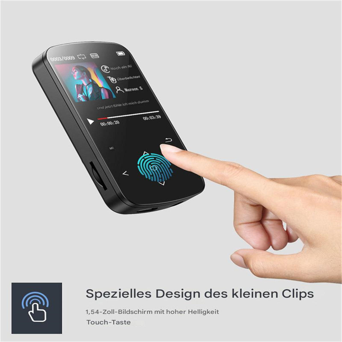 Ein schwarzer MP3-Player mit Fingerabdrucksensor. Hat einen Bildschirm, der einen Song anzeigt, und eine Touch-Taste.