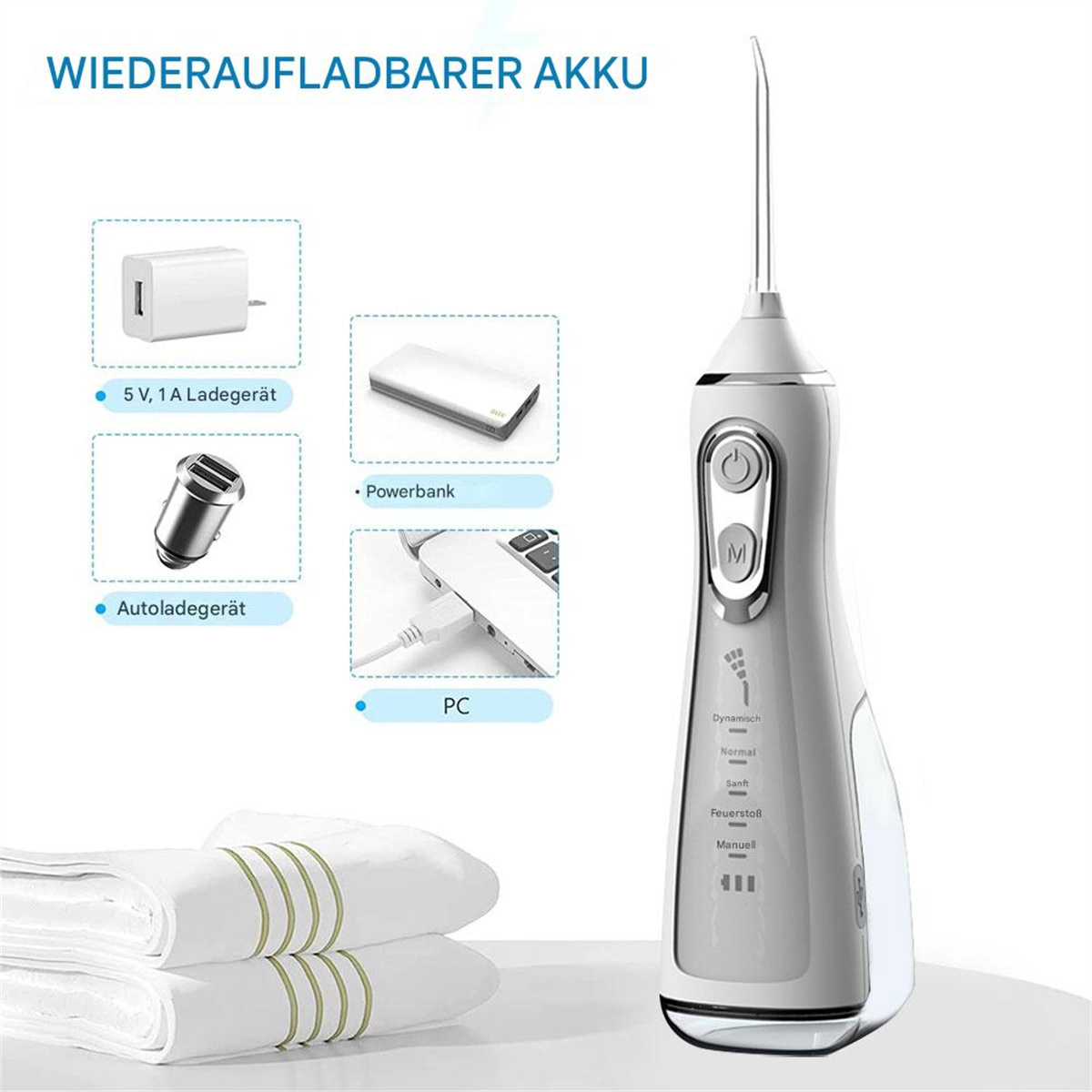 Ein weiß-grauer Wasserflosser mit Zubehör, darunter Ladegerät und Powerbank.