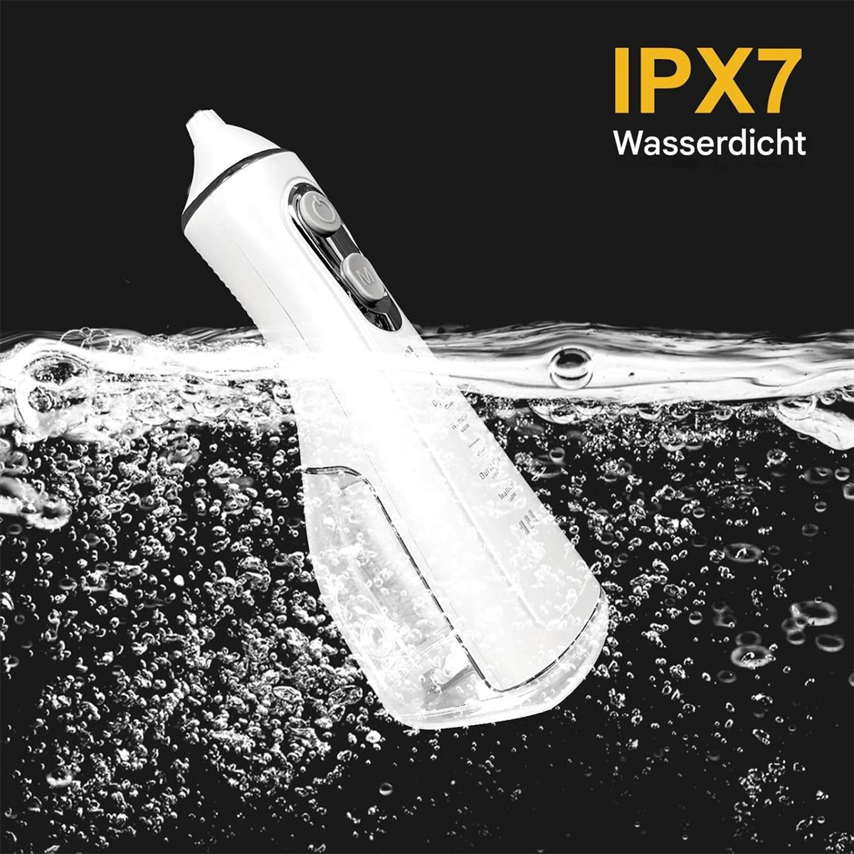 Ein weißer, kabelloser Wasserflosser, der in Wasser getaucht ist, mit Text, der auf Wasserdichtigkeit hinweist.