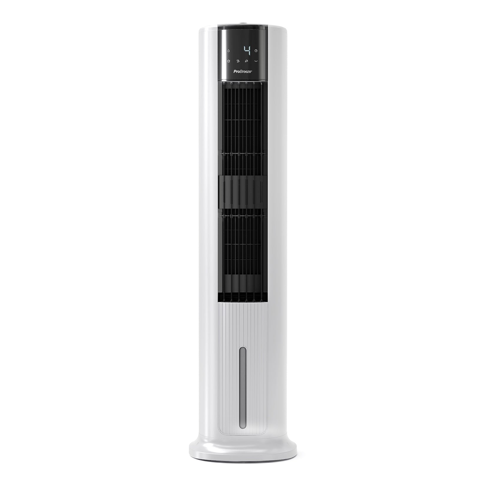 Weißer Turmventilator mit schwarzen Lamellen. Der Ventilator hat eine Digitalanzeige und einen kreisförmigen Sockel.