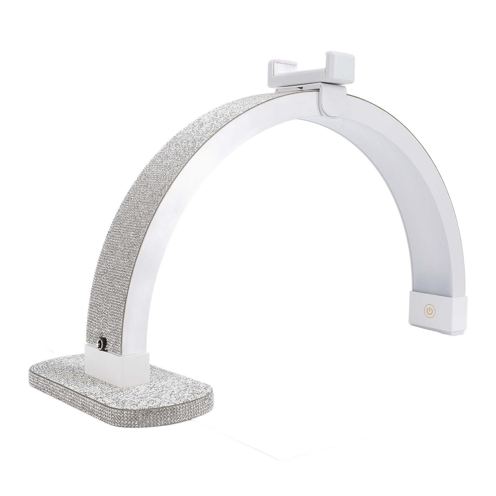 Weiße und silberne LED-Schreibtischlampe mit gebogenem Design und Handyhalter auf weißem Hintergrund.