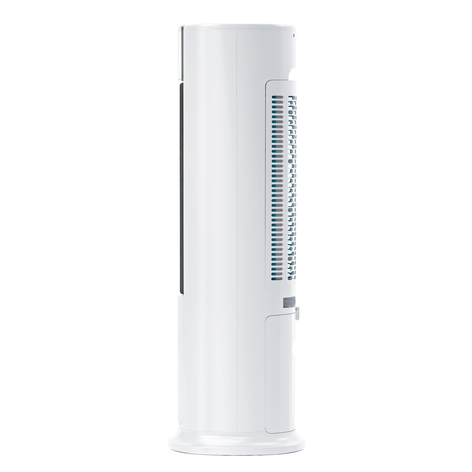 Ein weißer Turmventilator. Es hat ein langes, vertikales Design mit einem Gitter aus Öffnungen auf der Vorderseite.