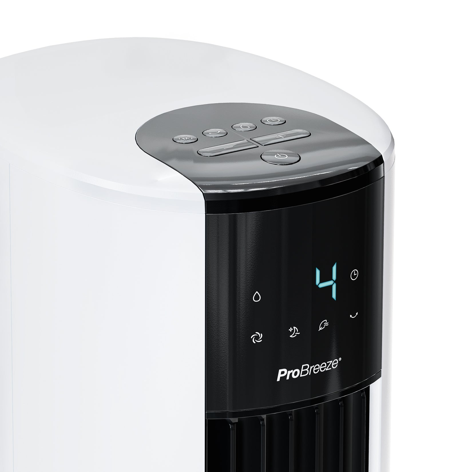 Nahaufnahme der Oberseite eines weißen Turmventilators mit Knöpfen und Digitalanzeige mit der Zahl 4.