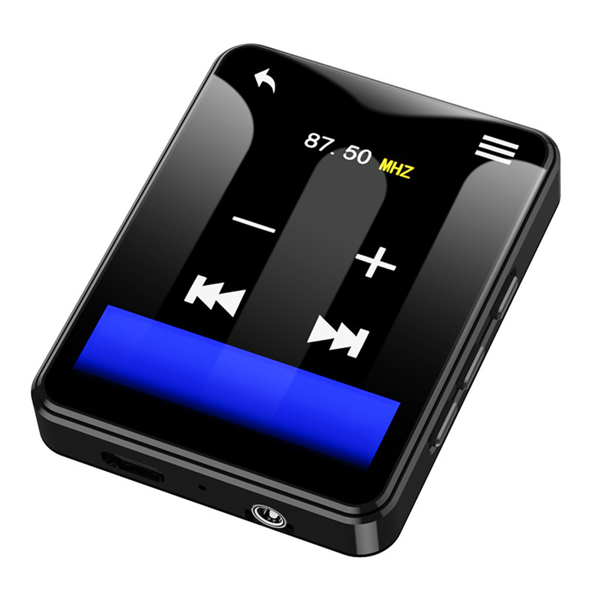 Ein kleiner schwarzer MP3-Player mit blauem Bildschirm, Tasten und Kopfhöreranschluss, isoliert auf Weiß.