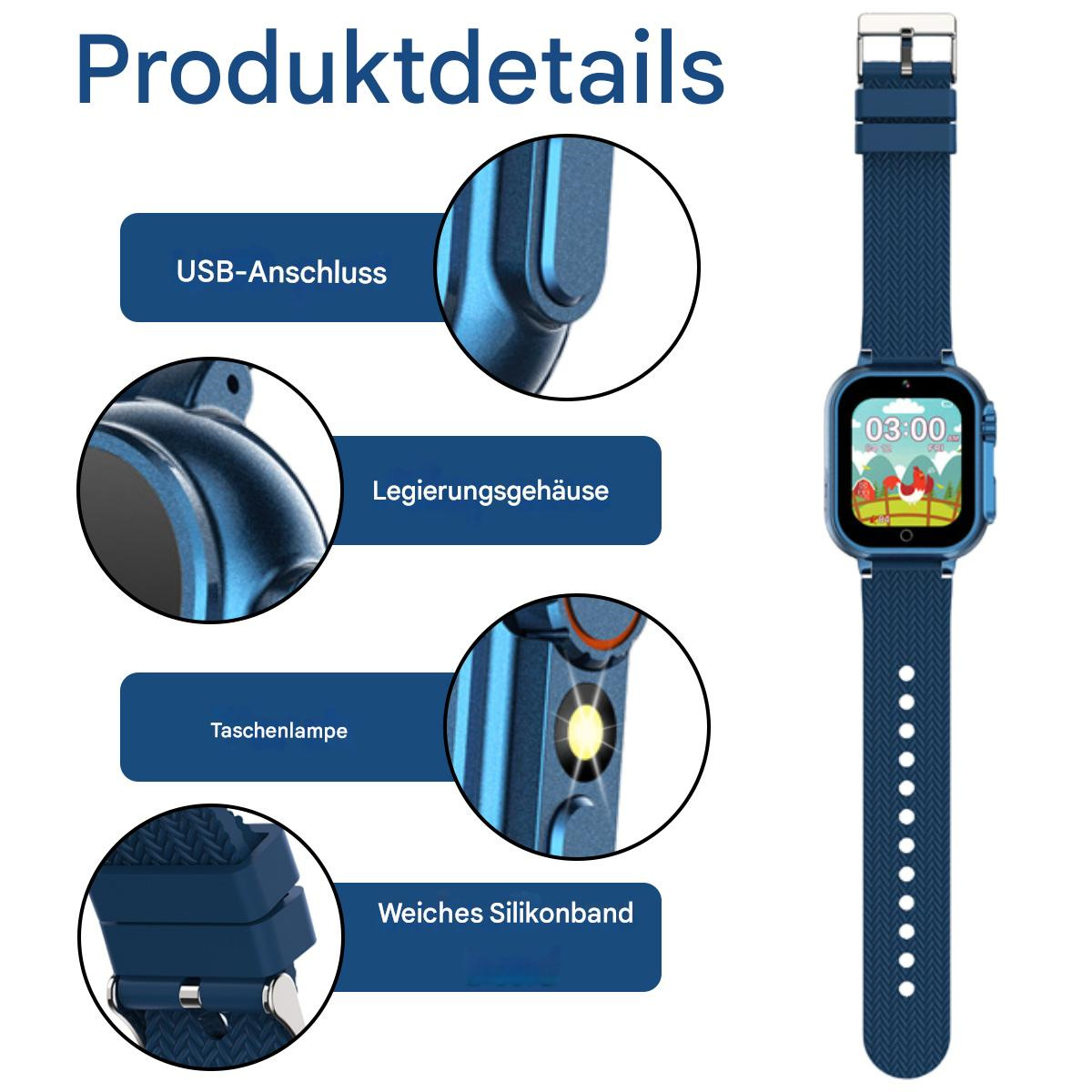 Eine blaue Smartwatch mit Nahaufnahmen von Armband, Schnalle und Gehäuse, mit Textüberlagerungen.