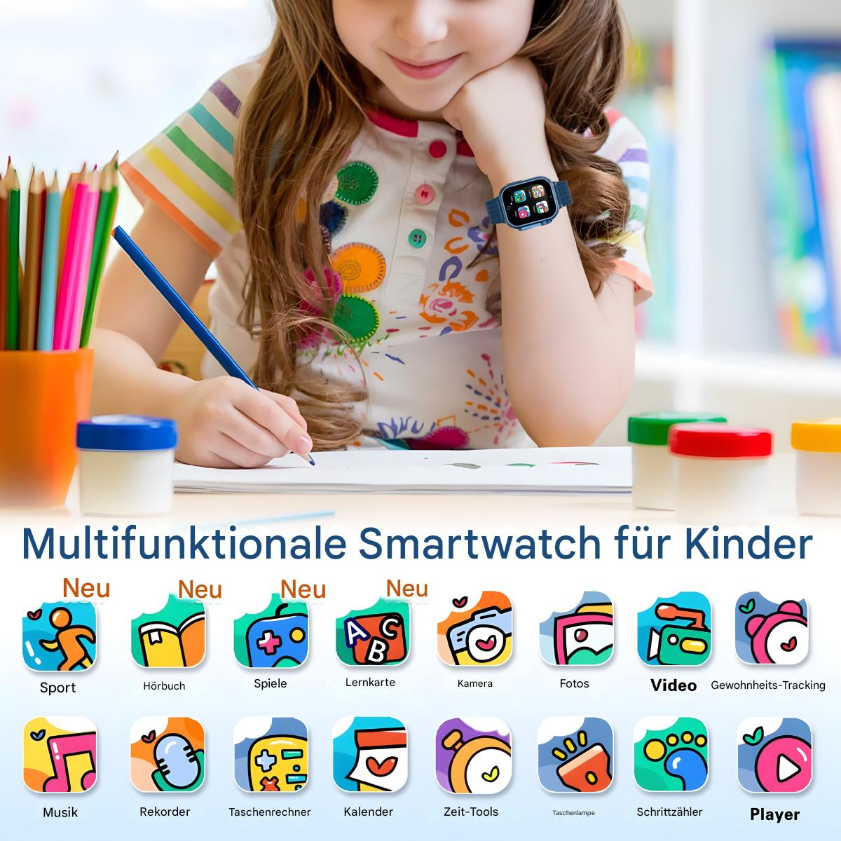 Eine Smartwatch für Kinder mit verschiedenen App-Symbolen, einschließlich Spielen, Musik und mehr.
