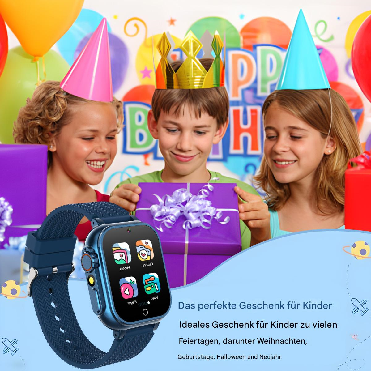 Kinder mit Uhr. Die Uhr ist blau, mit Symbolen. Kinder sind glücklich, tragen Kronen.