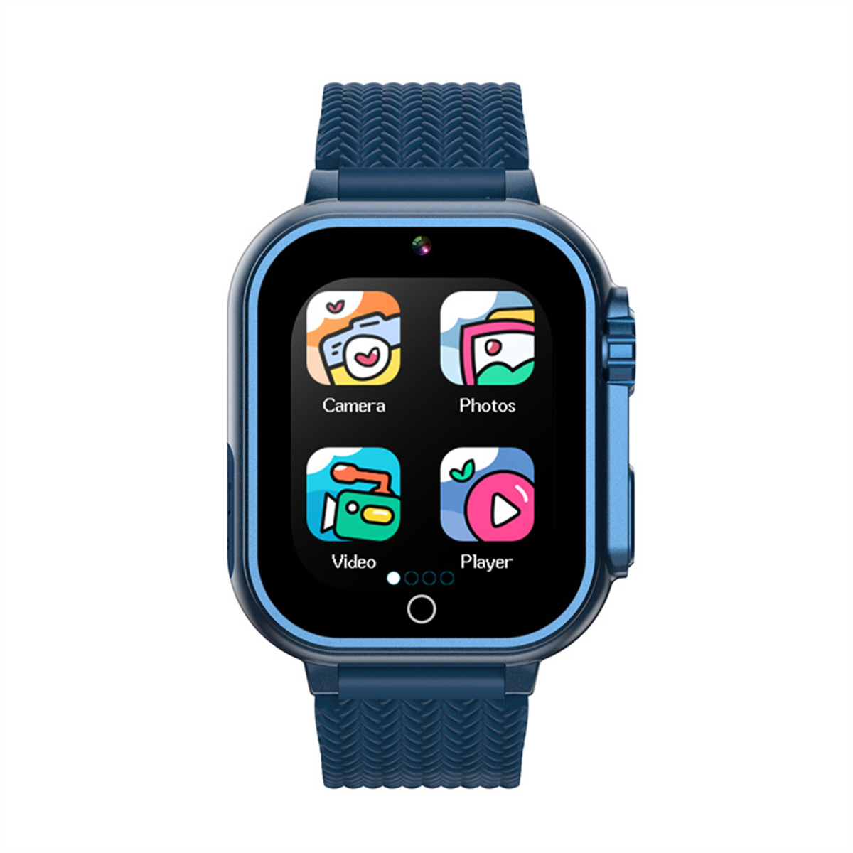 Eine blaue Smartwatch mit blauem Armband, die App-Symbole für verschiedene Funktionen anzeigt.