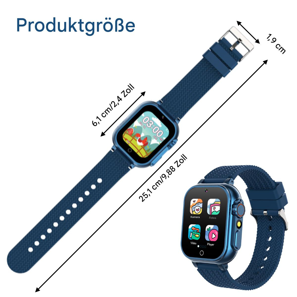 Blaue Smartwatch mit Abmessungen. Text: Produktgröße. Zeigt Uhrenfunktionen.