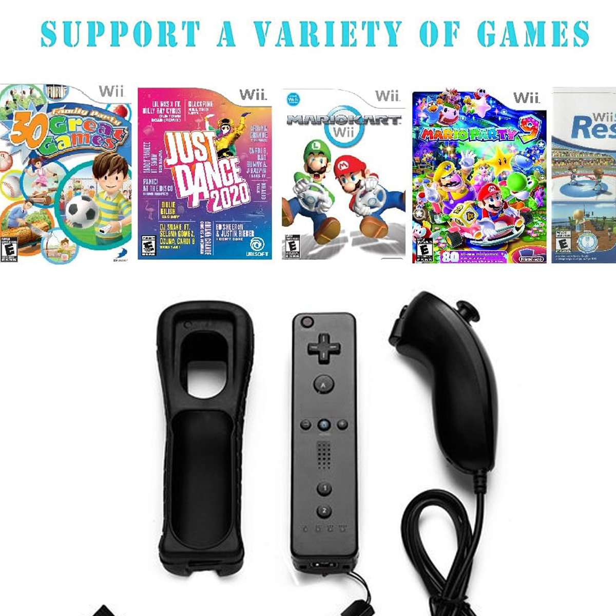 Verschiedene Videospiel-Cartridges und Controller, darunter Wii und Just Dance, auf Weiß.