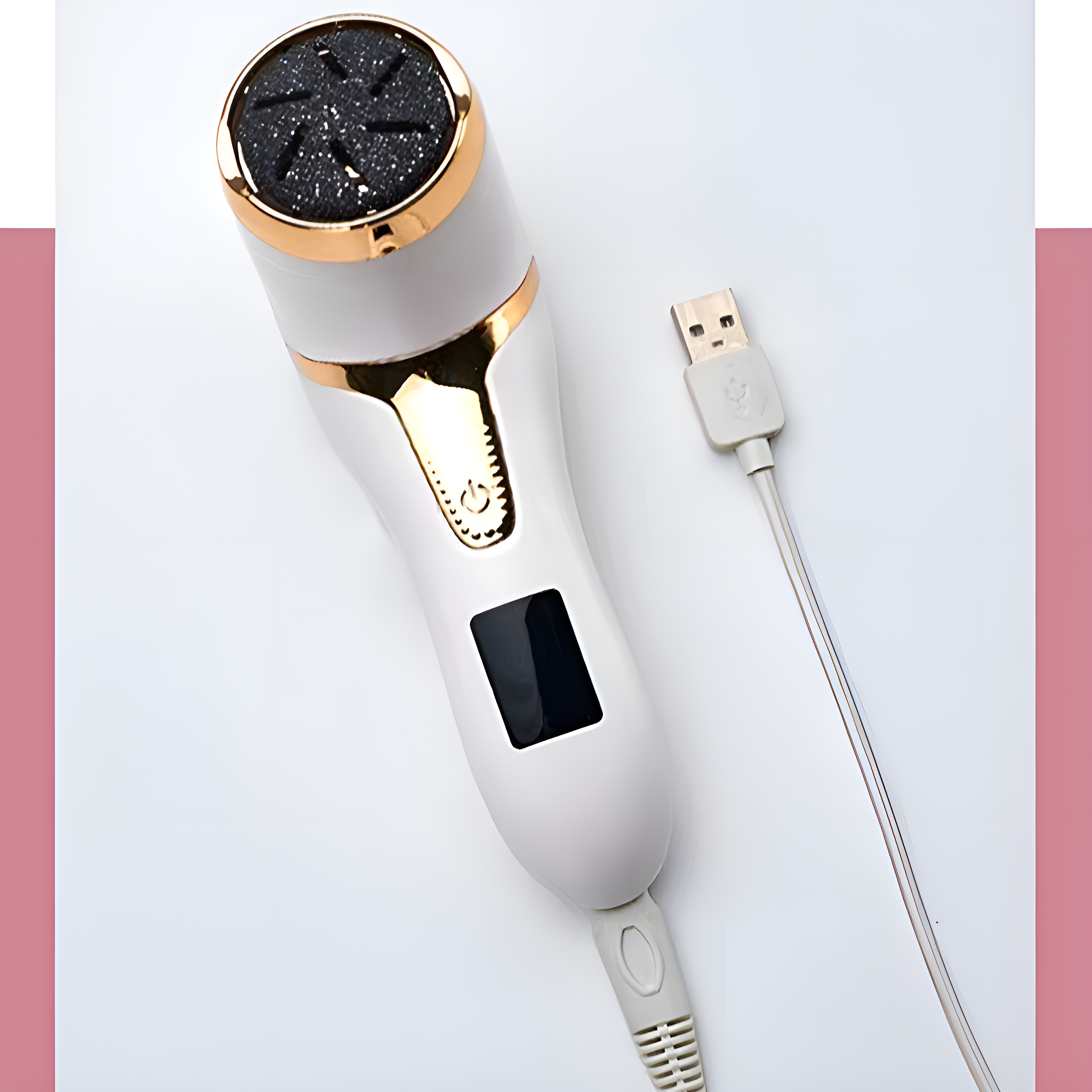 Weißer und goldener Fußschleifer mit USB-Kabel. Der Schleifer befindet sich auf weißem Hintergrund.