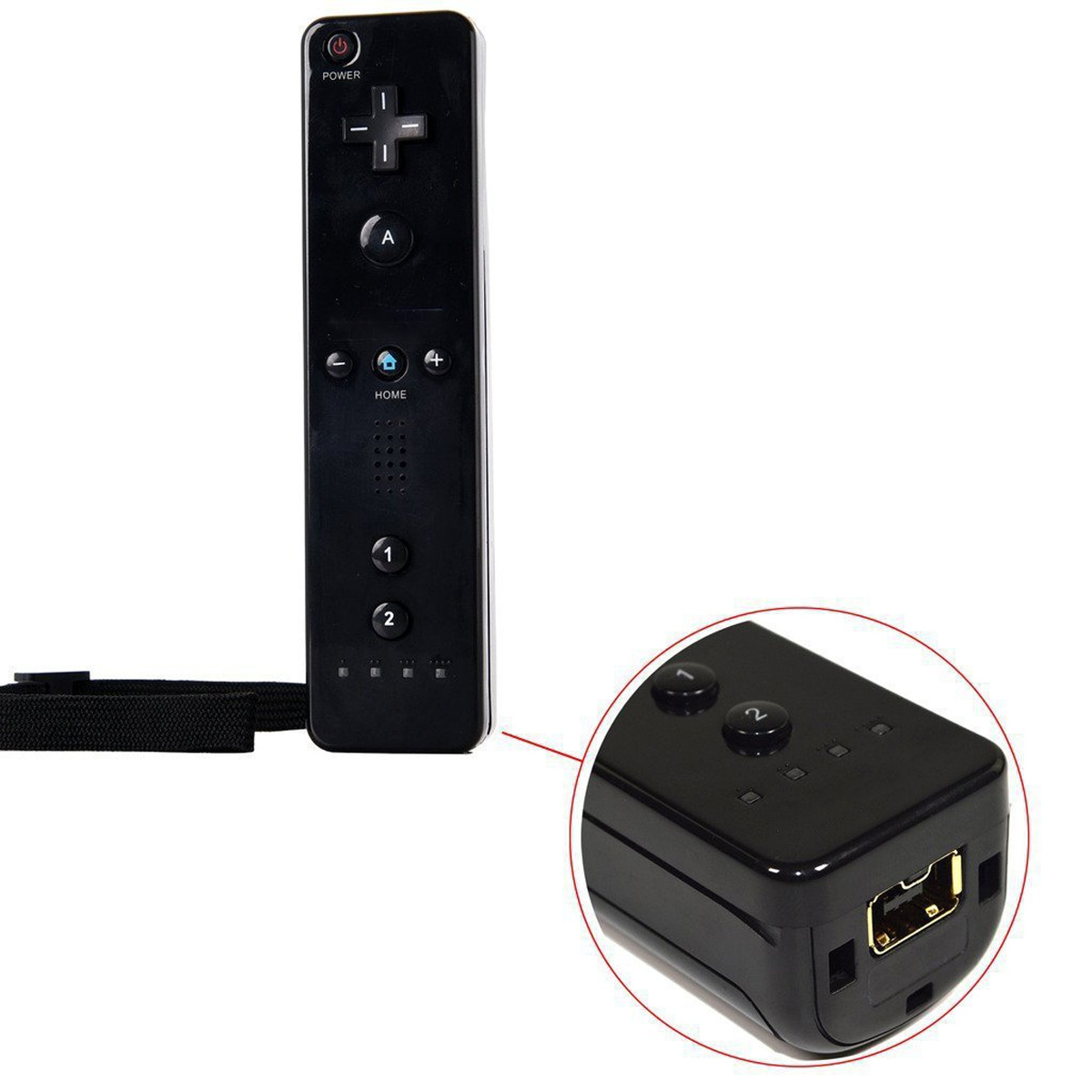 Schwarze Nintendo Wii-Fernbedienung mit Knöpfen und Schlaufe, Nahaufnahme der Rückseite mit Anschluss.