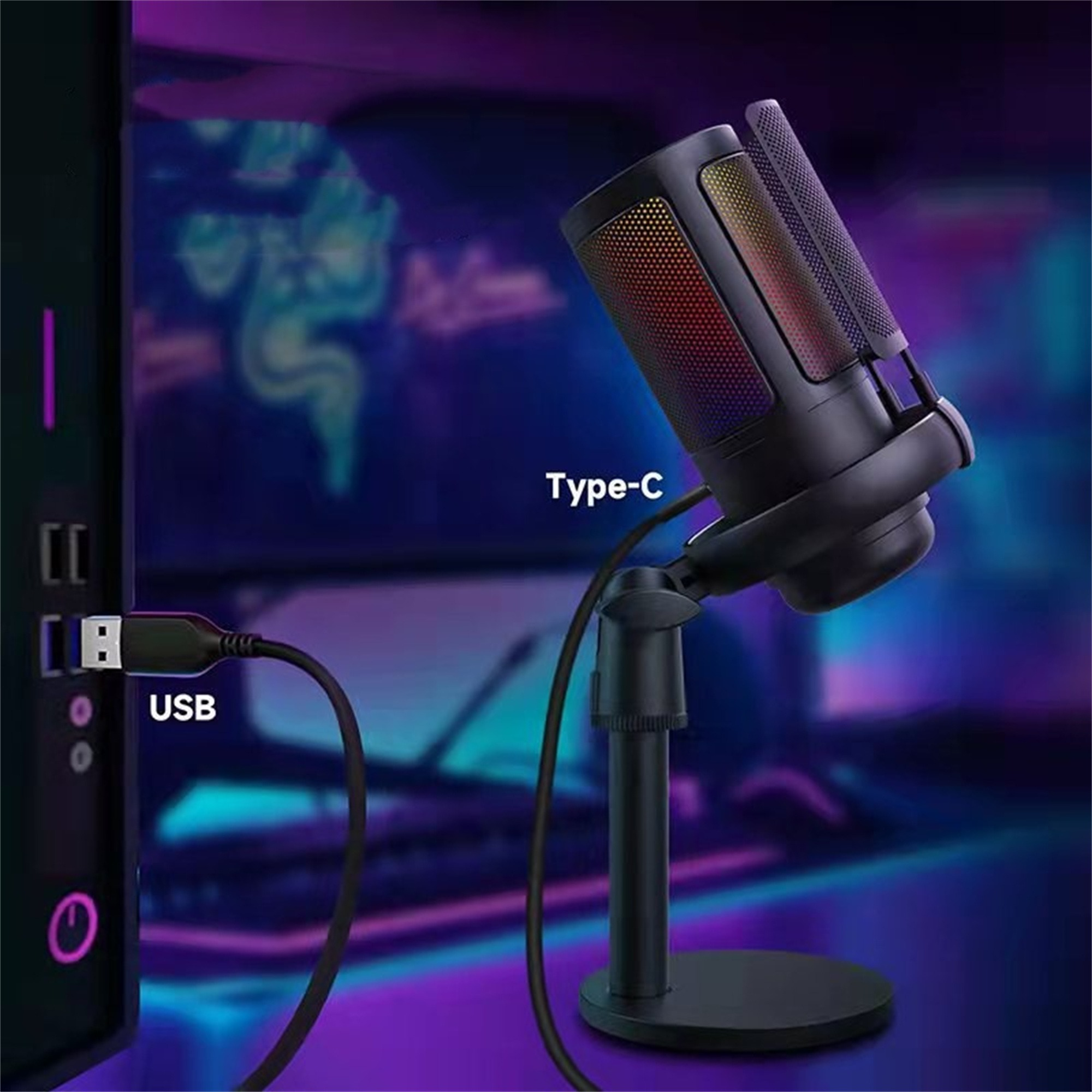 Ein schwarzes Mikrofon, das mit einem Computer verbunden ist. Ein USB-Kabel ist an den Computer angeschlossen.