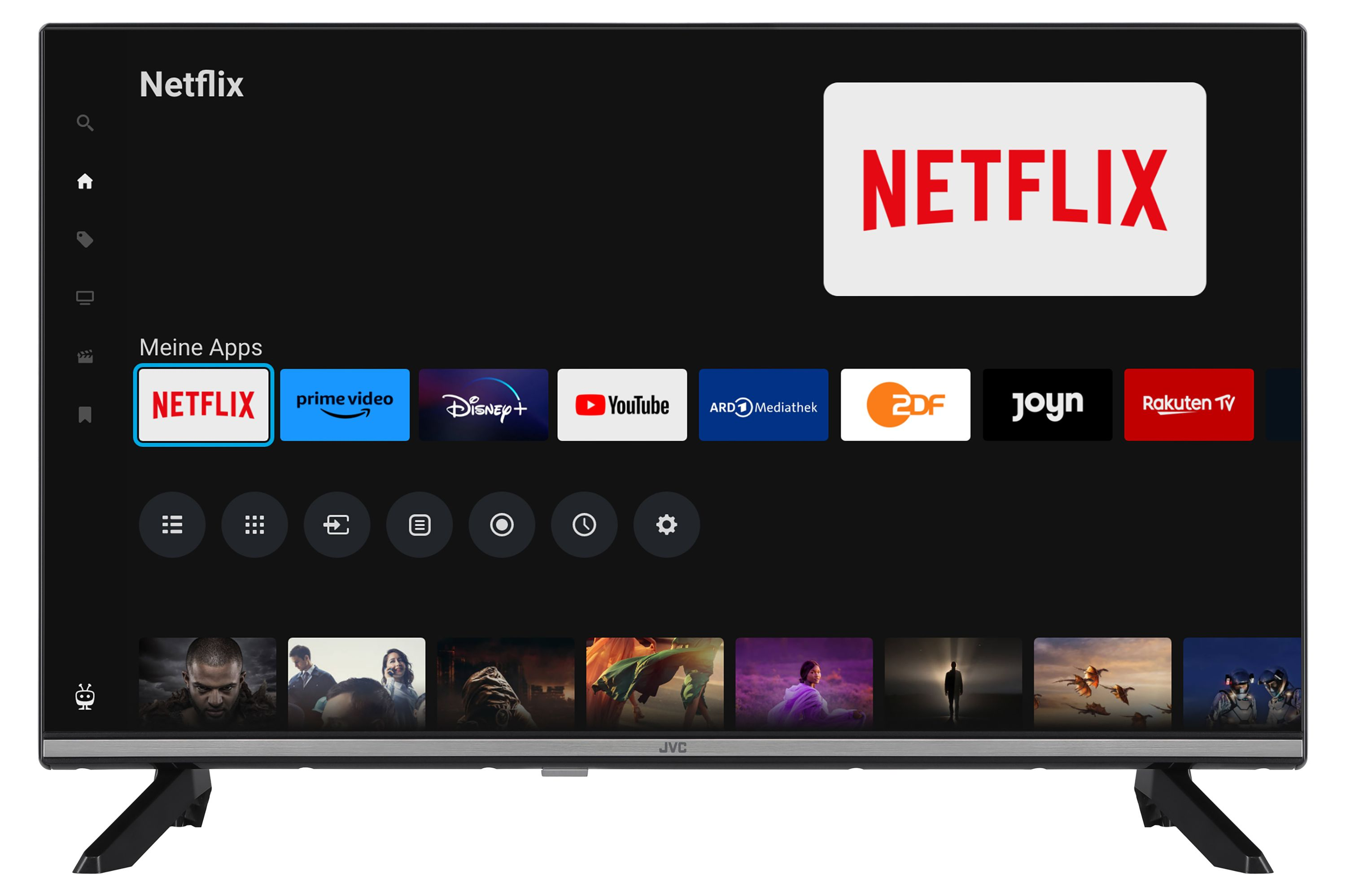 Fernsehbildschirm, der die Netflix-Oberfläche mit App-Symbolen und einer vorgestellten Show anzeigt.