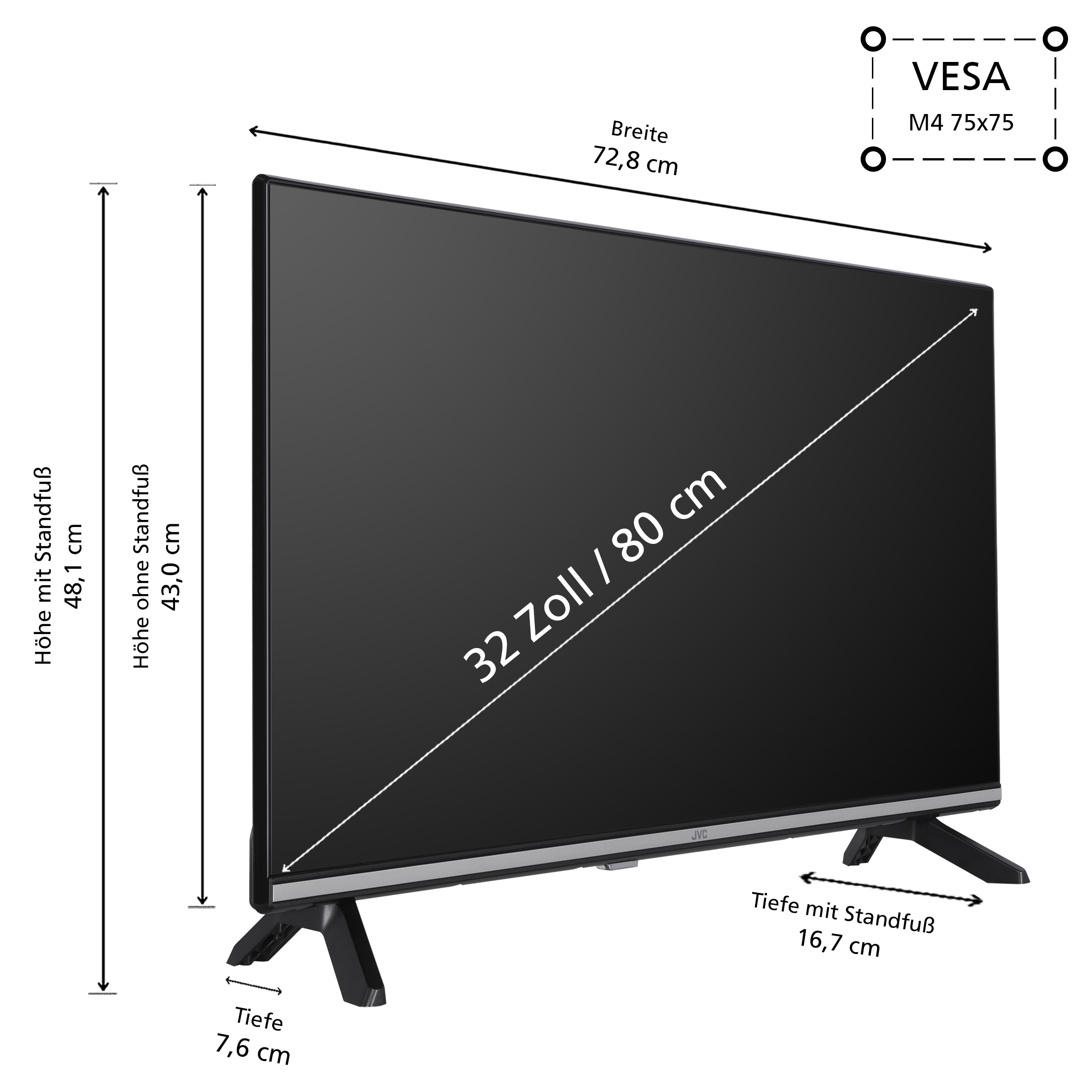 Ein schwarzer 32-Zoll-JVC-Fernseher mit Abmessungen und einem VESA-Diagramm zur Montage.