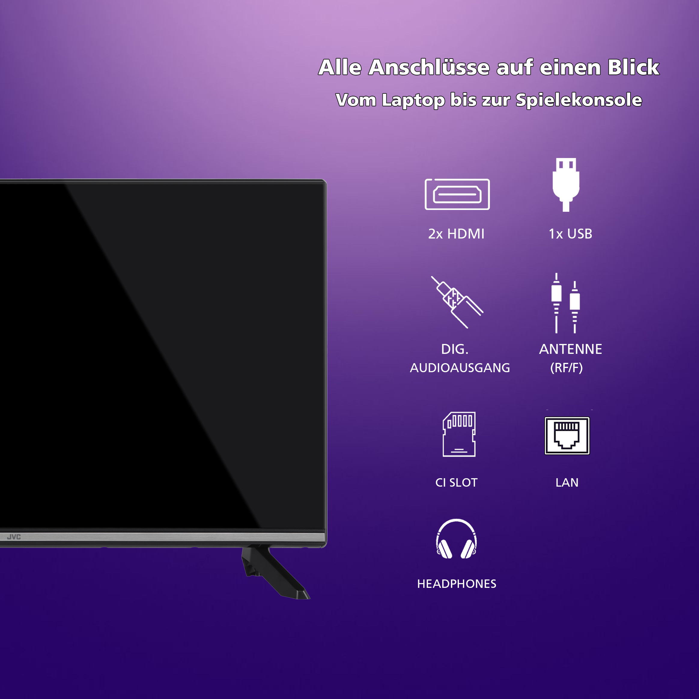 TV-Anschlüsse und -Verbindungen: HDMI, USB, Audioausgang, Antenne, CI-Slot, LAN und Kopfhörer. Lila Hintergrund.
