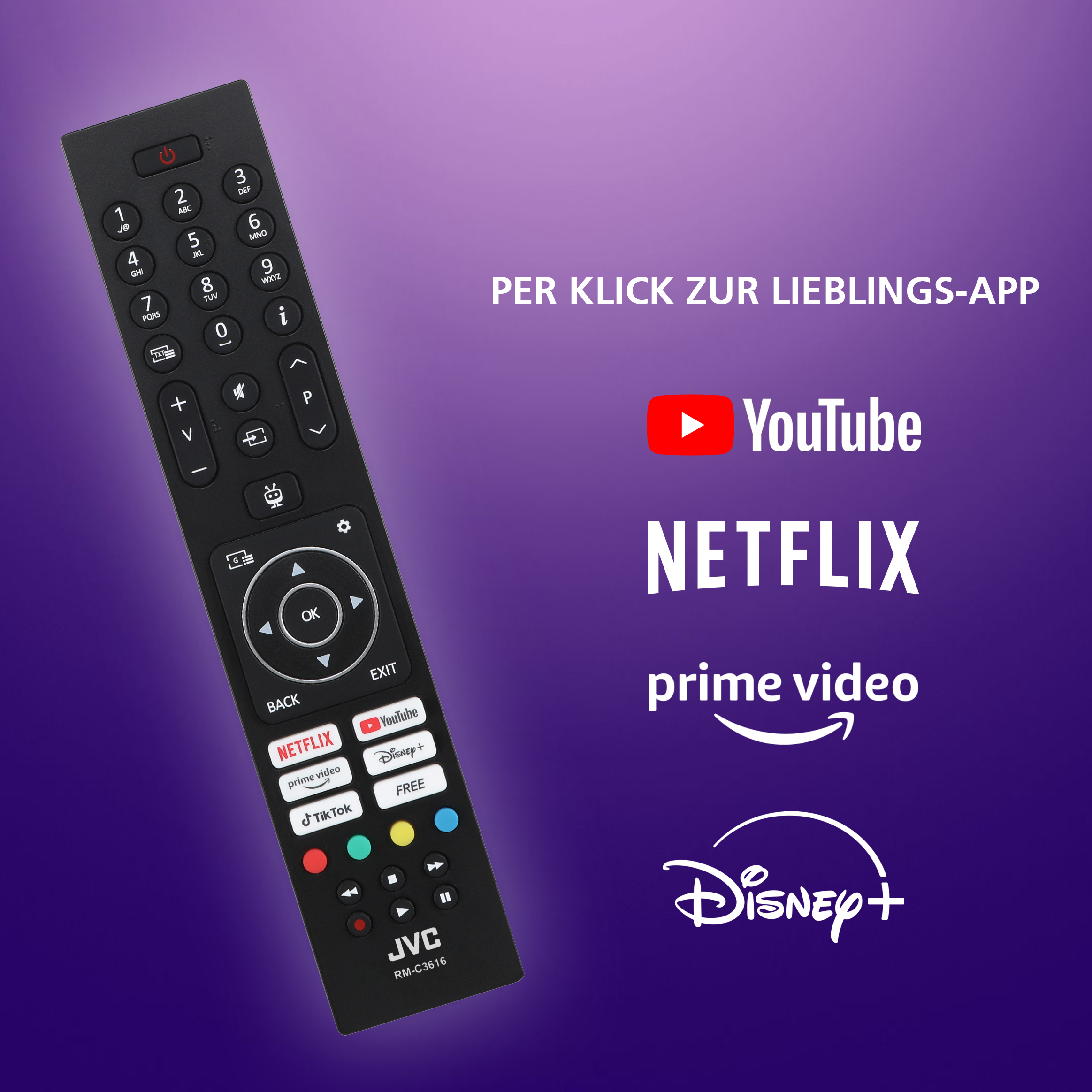 Schwarze Fernbedienung mit Knöpfen und Logos von YouTube, Netflix, Prime Video, Disney+. Lila Hintergrund.