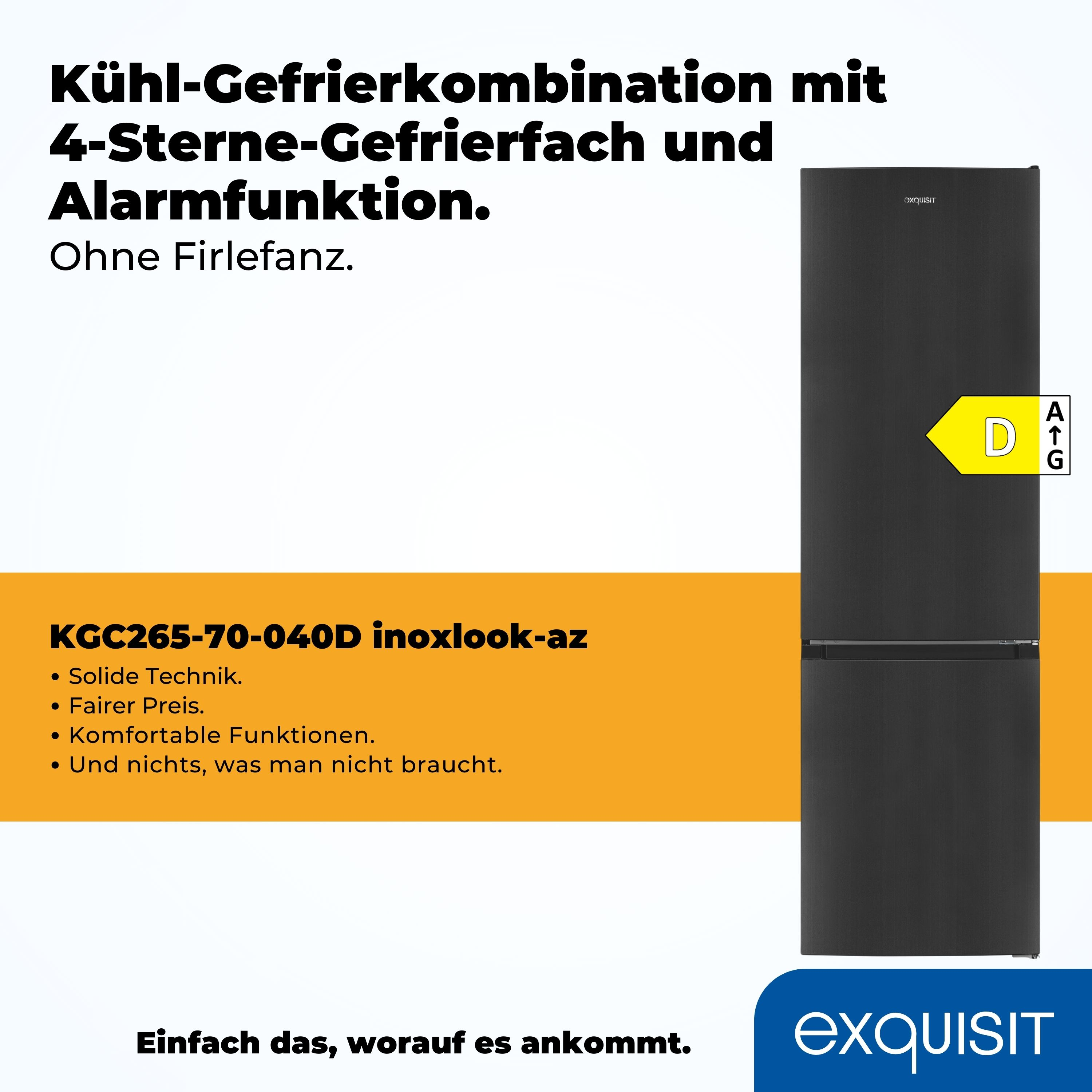 Schwarzer Kühlschrank mit Energielabel, Text auf Deutsch, weißer Hintergrund.
