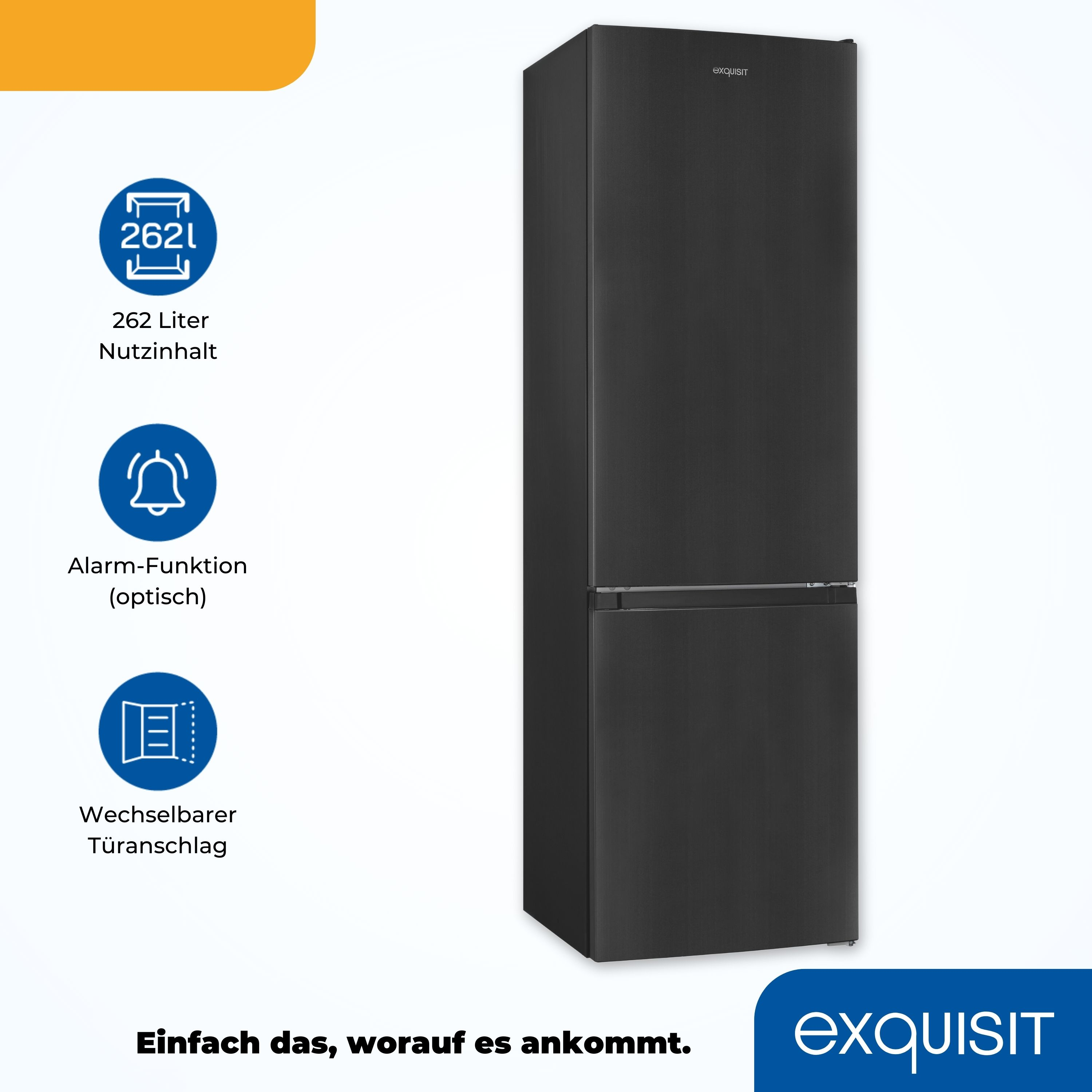 Ein schwarzer Kühlschrank. Er hat ein Doppel-Tür-Design mit integrierten Informationen und einem Logo.