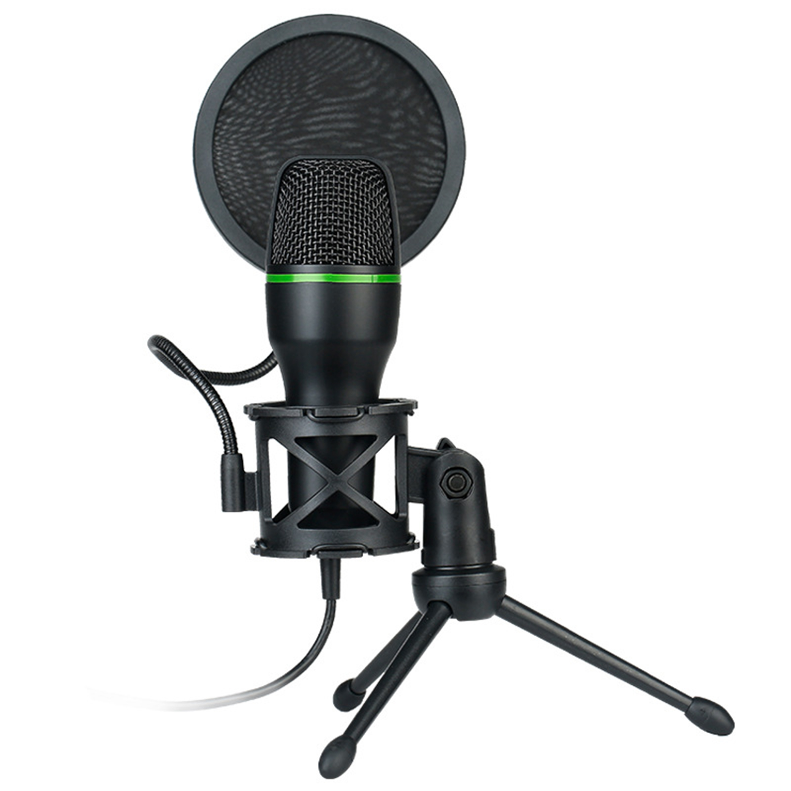 Schwarzes Mikrofon auf einem Ständer mit Pop-Filter und dreibeinigem Sockel.