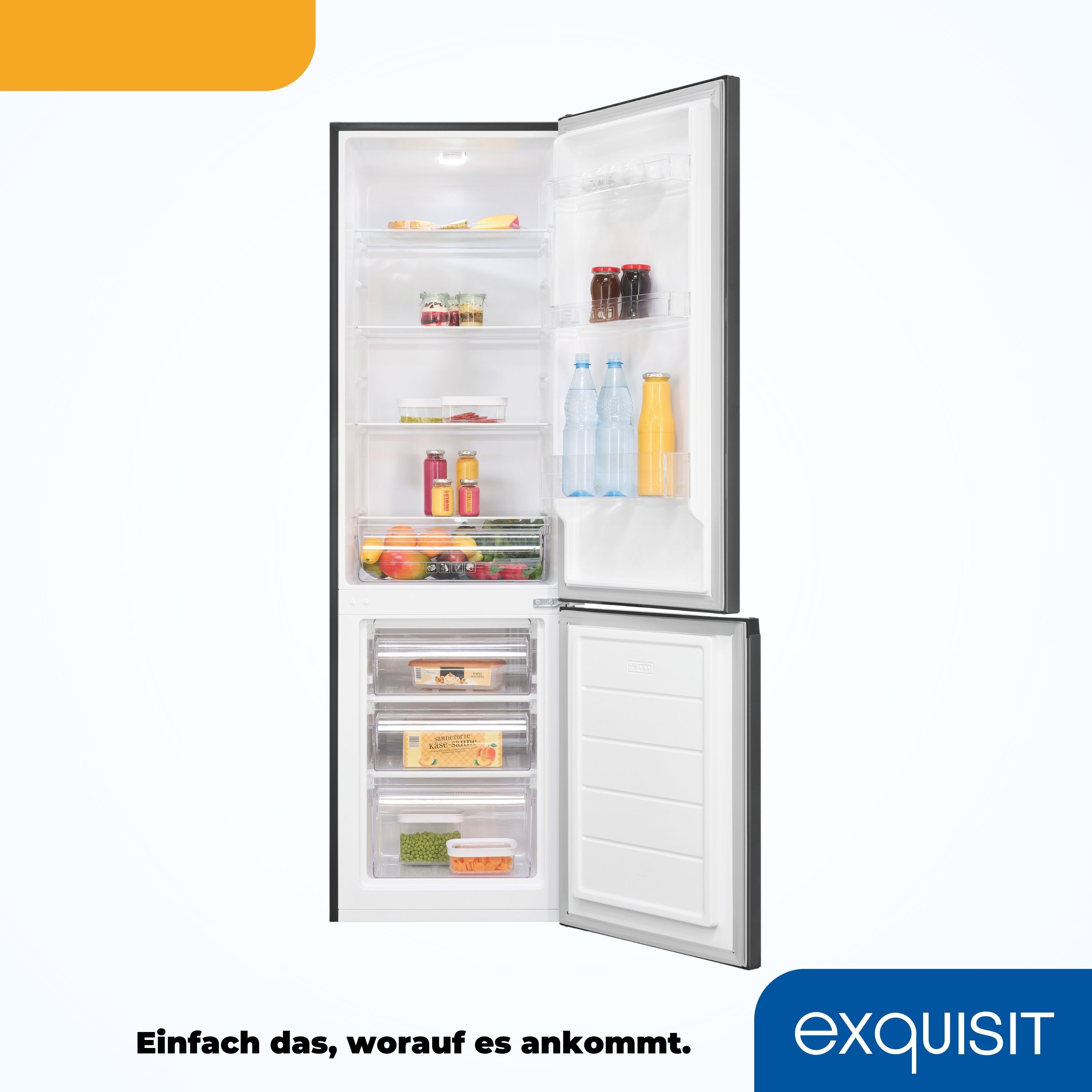 Ein offener Kühlschrank zeigt Lebensmittel, mit einem orangefarbenen und einem blauen Quadrat in der oberen linken Ecke.