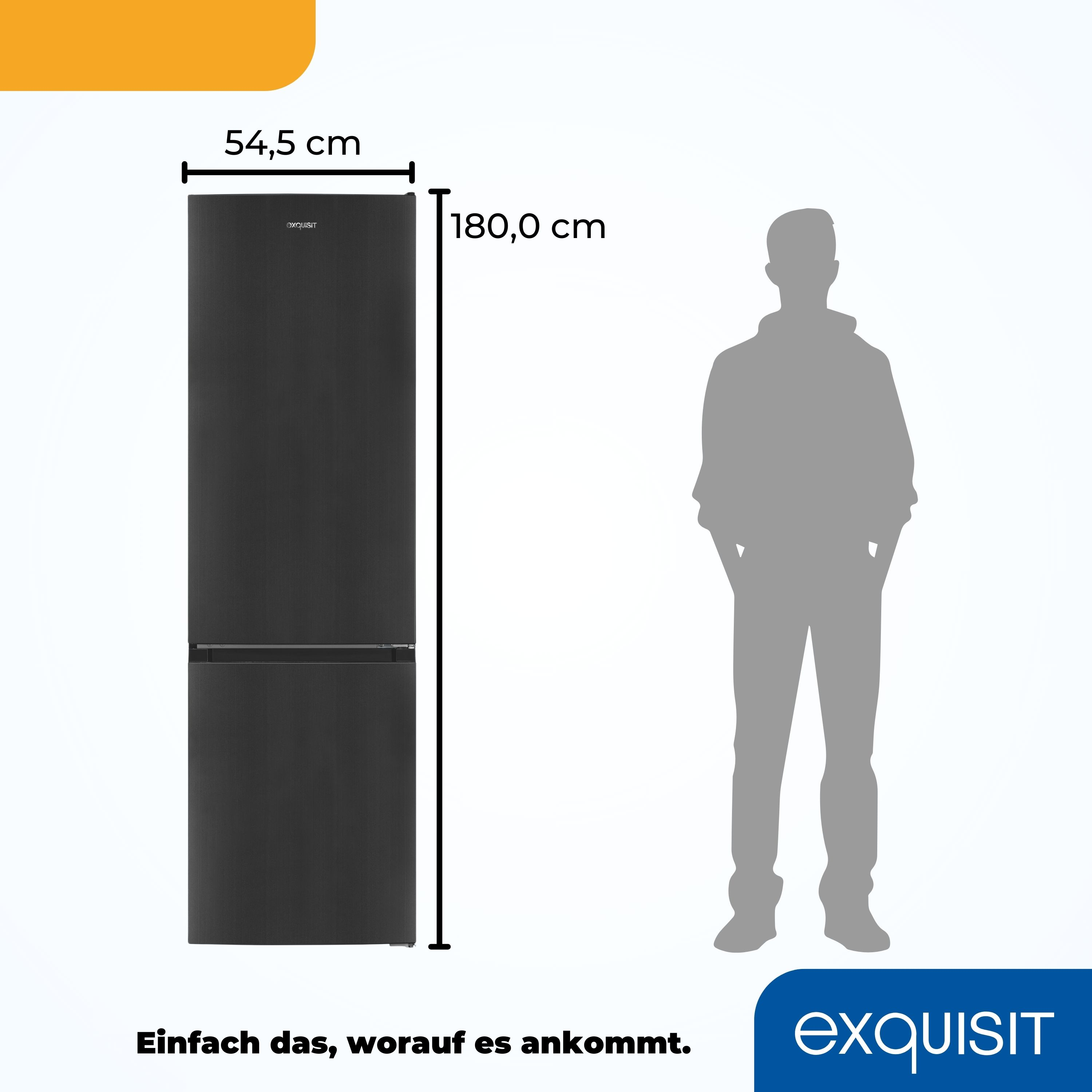 Schwarzer Kühlschrank mit Abmessungen und einer menschlichen Silhouette daneben auf weißem Hintergrund.