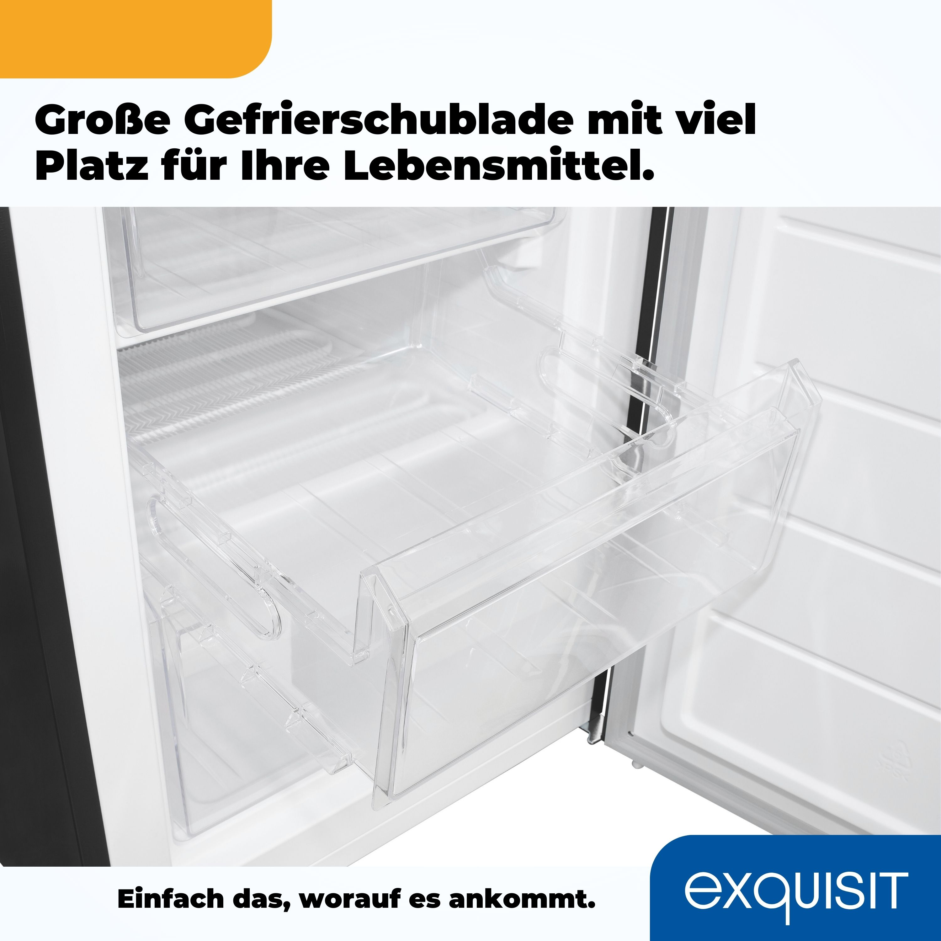 Offener Kühlschrank mit transparenten Schubladen und Text oben und unten.