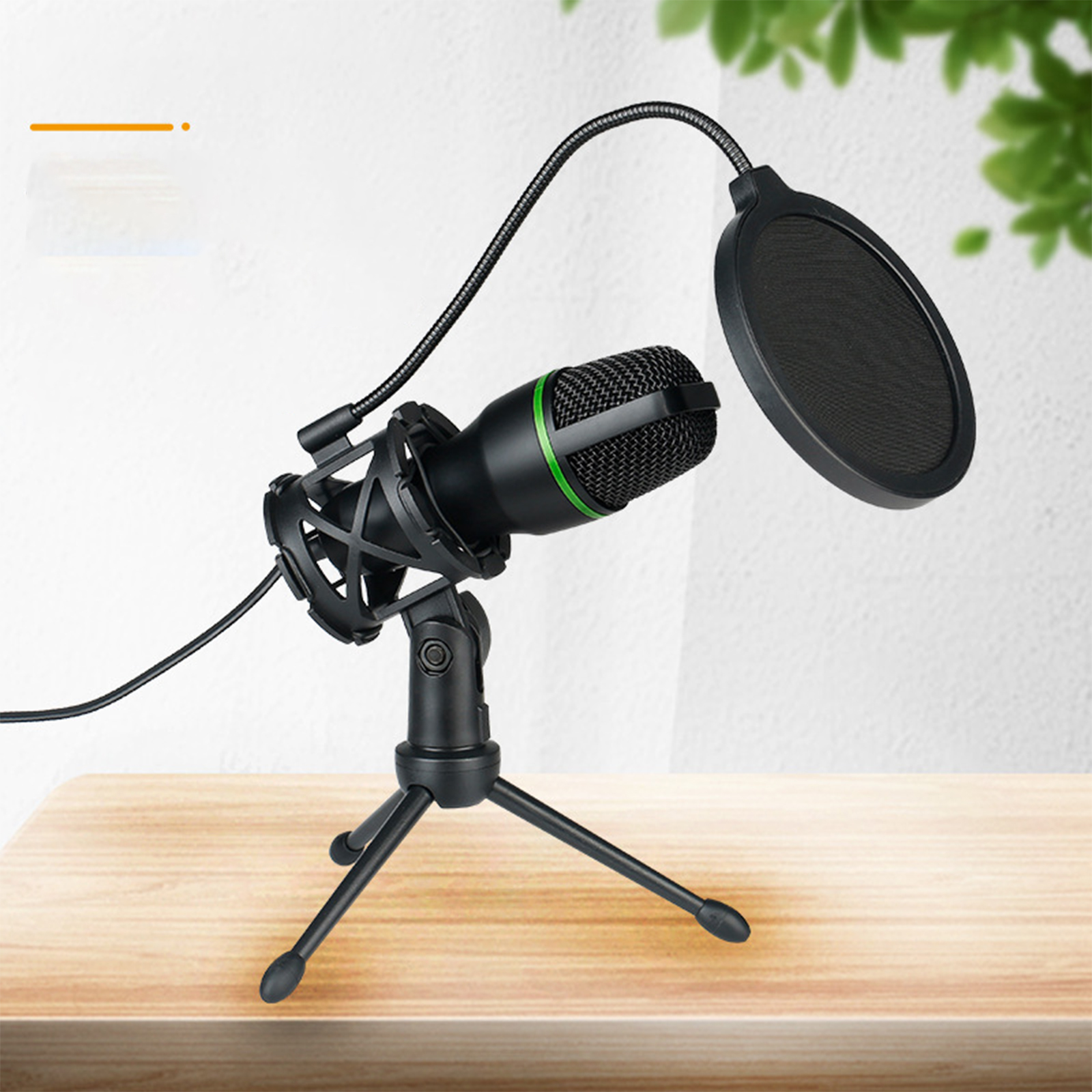 Ein Mikrofon auf einem Ständer mit einem Pop-Filter. Der Hintergrund ist eine verschwommene, grün gefärbte Pflanze.