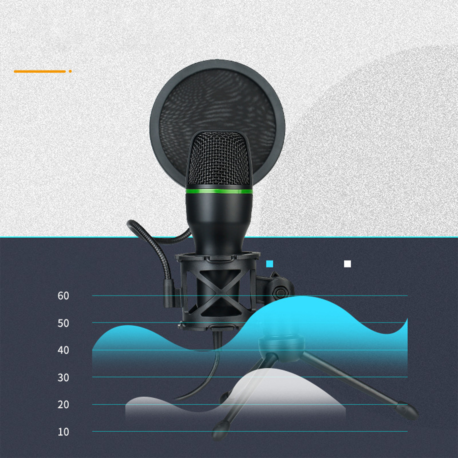 Schwarzes Mikrofon mit Pop-Filter, Ständer und Wellenform-Grafik auf dunklem Hintergrund.