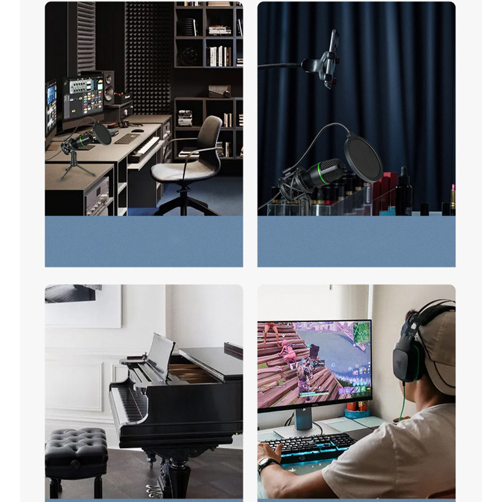 Vier Bilder zeigen ein Aufnahmestudio, ein Mikrofon-Setup, ein Klavier und eine spielende Person.