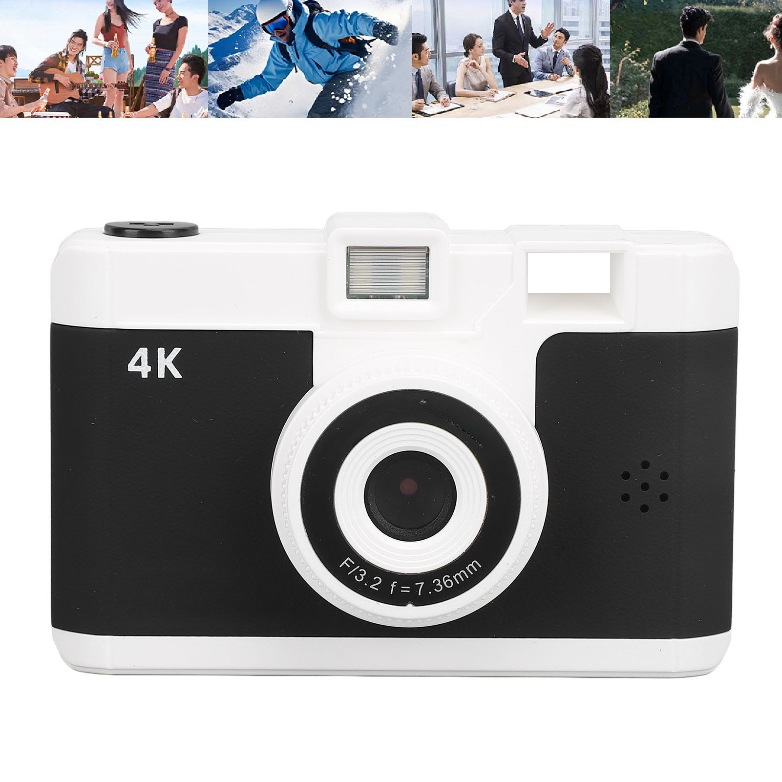 Weiße und schwarze Kamera mit 4K-Label. Hat verschiedene Szenen im Hintergrund.