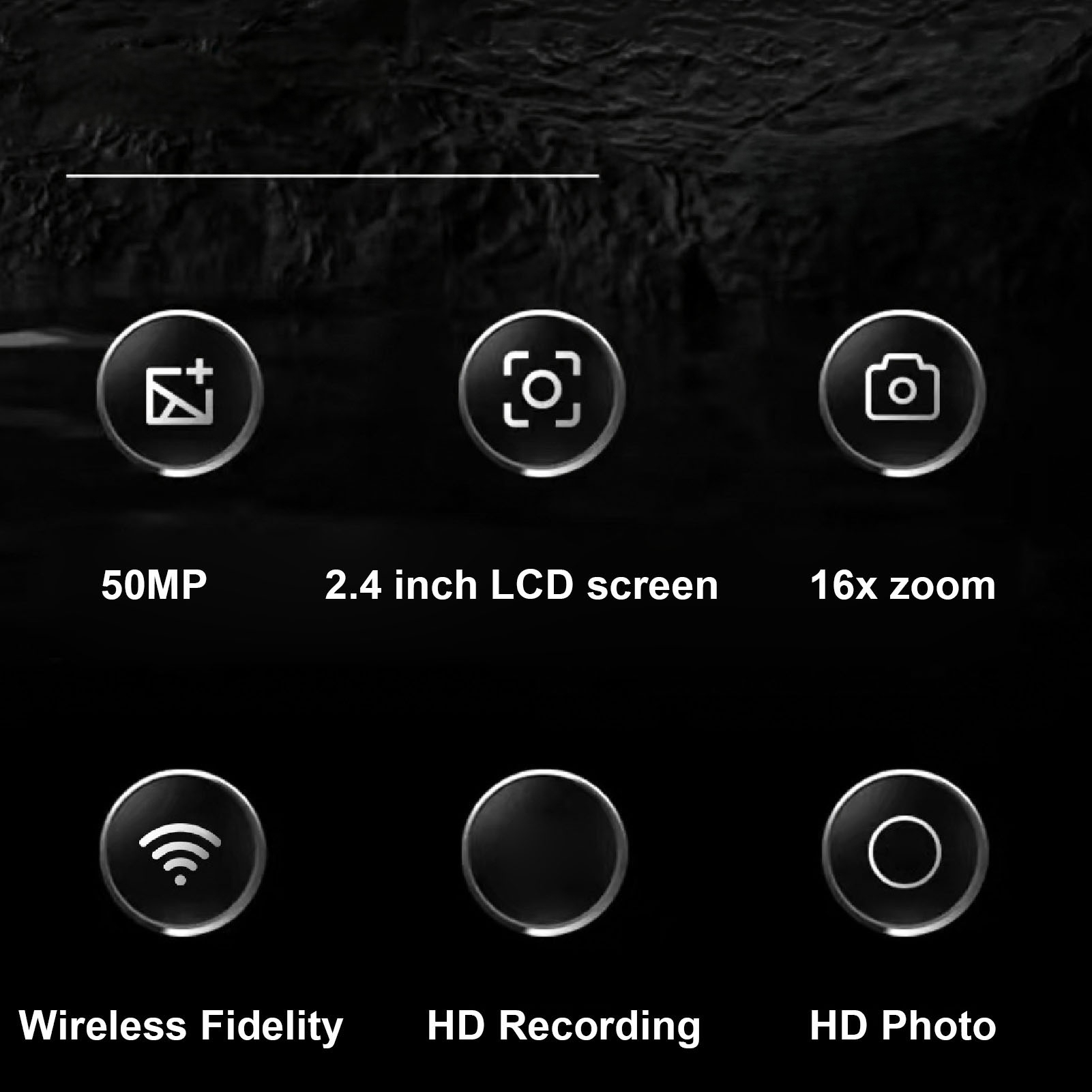 Schwarzer Bildschirm mit Symbolen: 50MP, 2,4 Zoll LCD, 16x Zoom, Wireless Fidelity, HD-Aufnahme, HD-Foto.