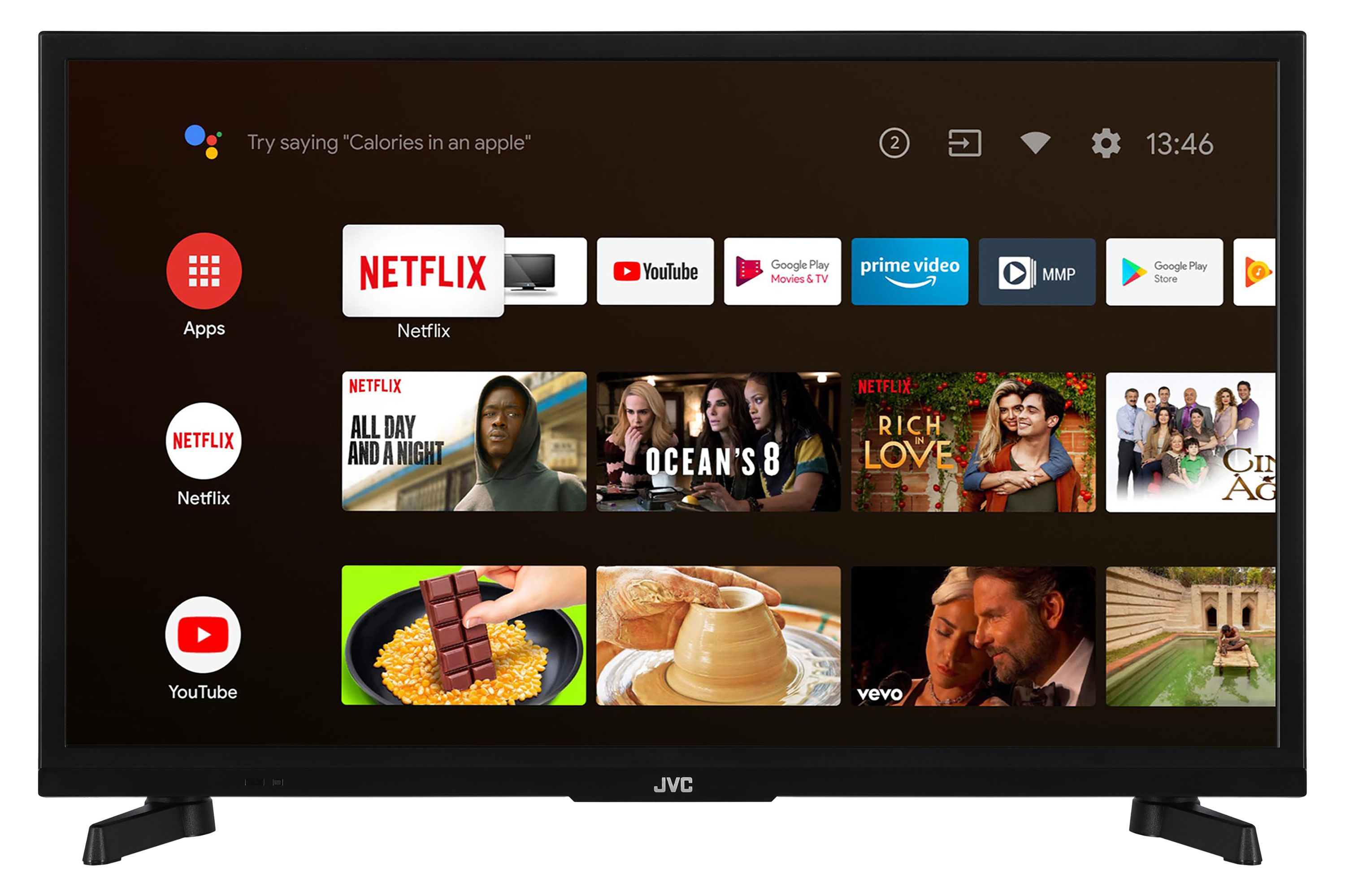 Schwarzer JVC-Fernseher zeigt Smart-TV-Oberfläche mit App-Symbolen. Netflix und YouTube sind sichtbar.