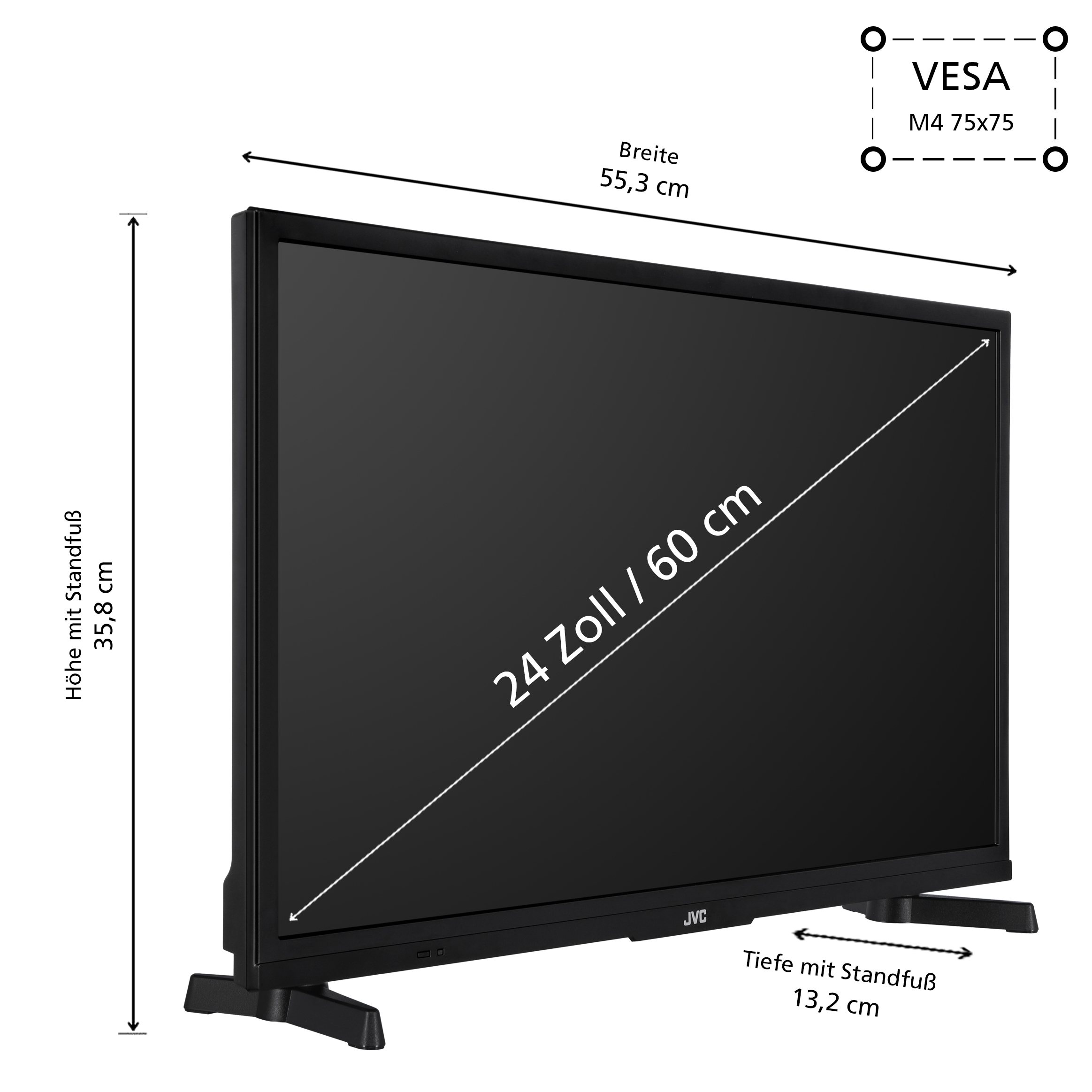 Schwarzer Fernseher mit Maßen. Text: 24 Zoll / 60 cm. Schwarze Standfüße. Weißer HG.