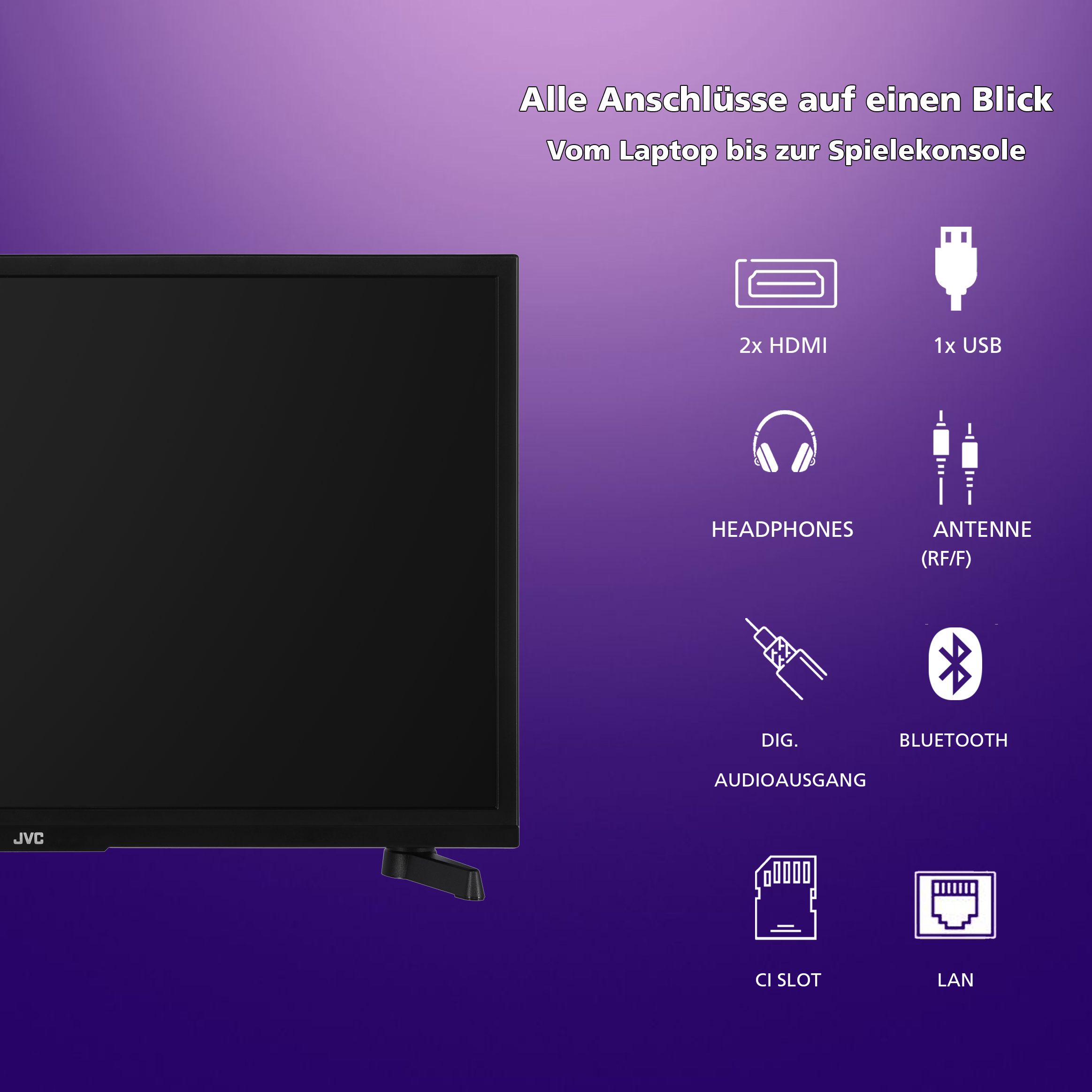 Ein schwarzer JVC-Fernseher mit Anschlüssen und Beschriftungen wie HDMI, USB und Bluetooth, vor einem lila Farbverlauf.