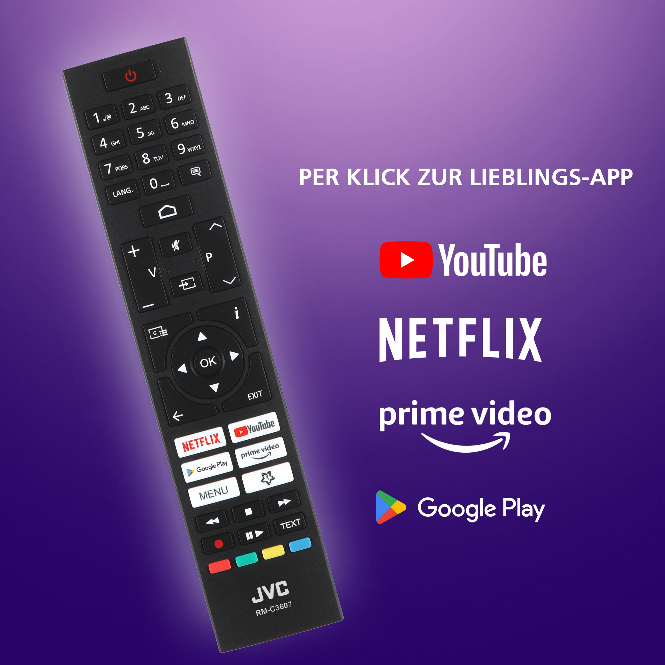 Schwarze JVC-Fernbedienung mit Zahlen, Lautstärke- und App-Tasten: Netflix-, YouTube-, Prime Video- und Google Play-Symbole werden angezeigt.