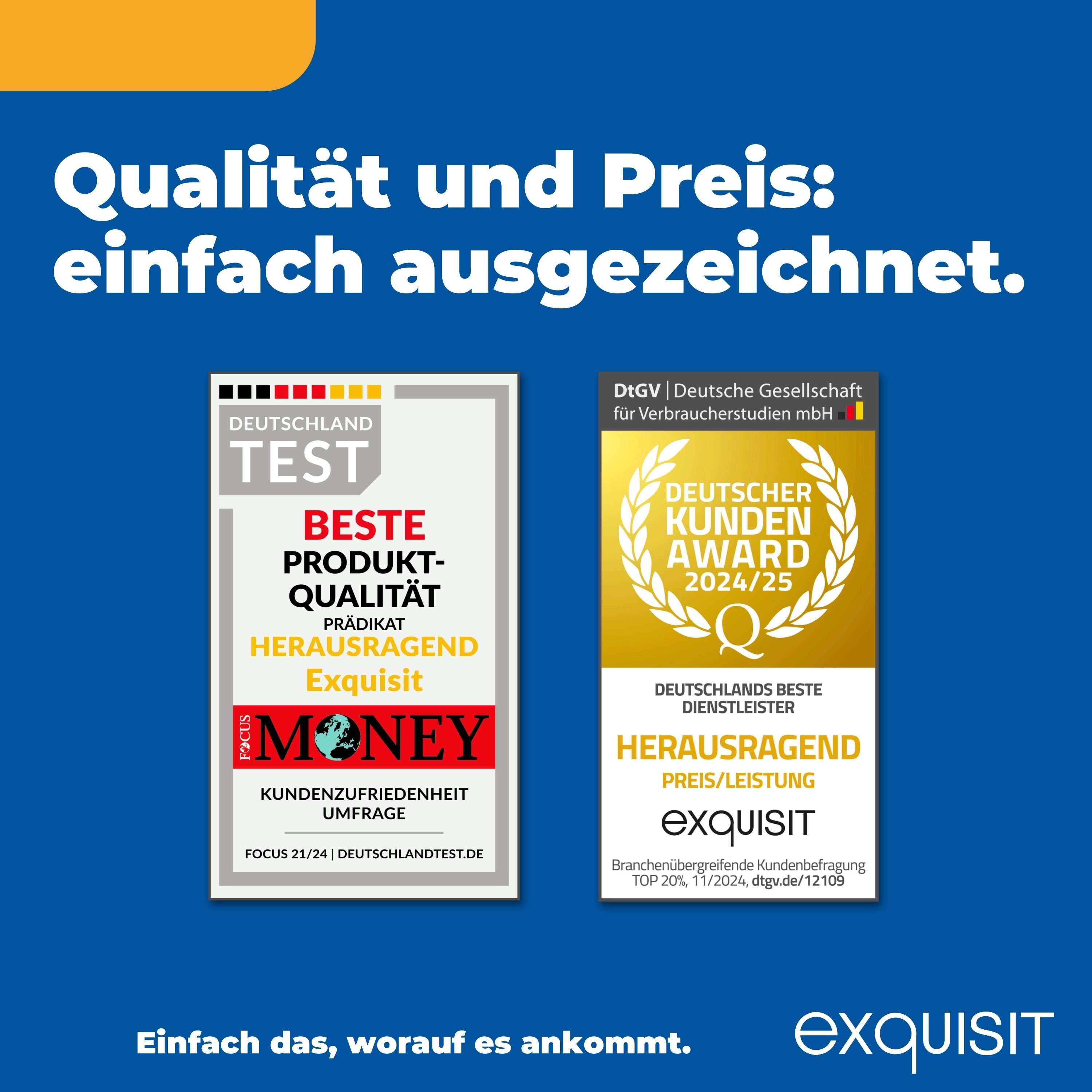 Premios a la calidad del producto y la satisfacción del cliente, junto con el logotipo de la empresa.