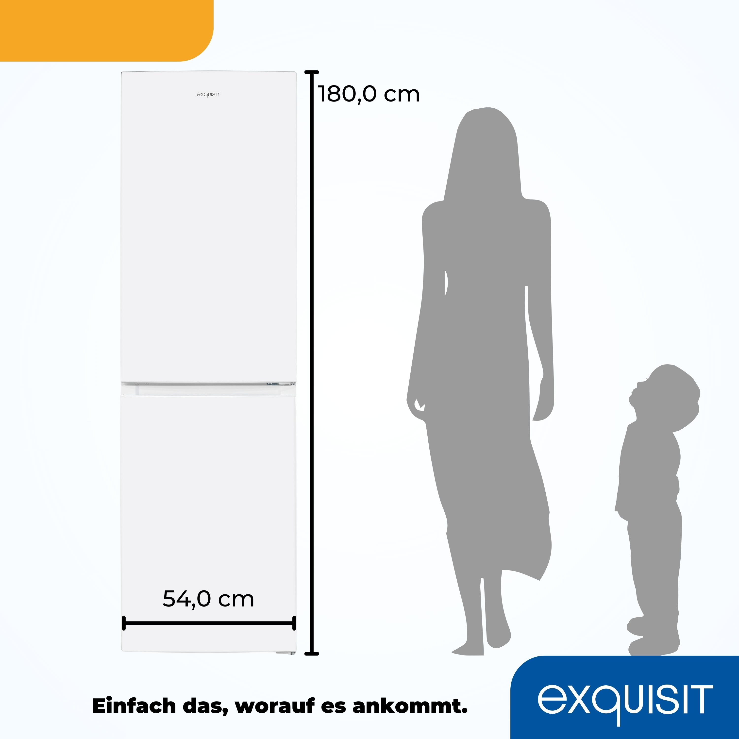 Frigorífico blanco con dimensiones. Una persona y una silueta de niño están junto al frigorífico.
