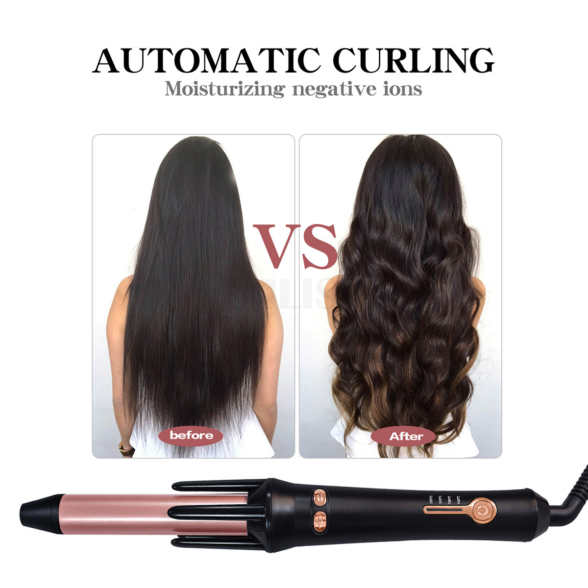 Haarstyler mit Vorher-Nachher-Fotos. Glattes Haar links, gelocktes Haar rechts.