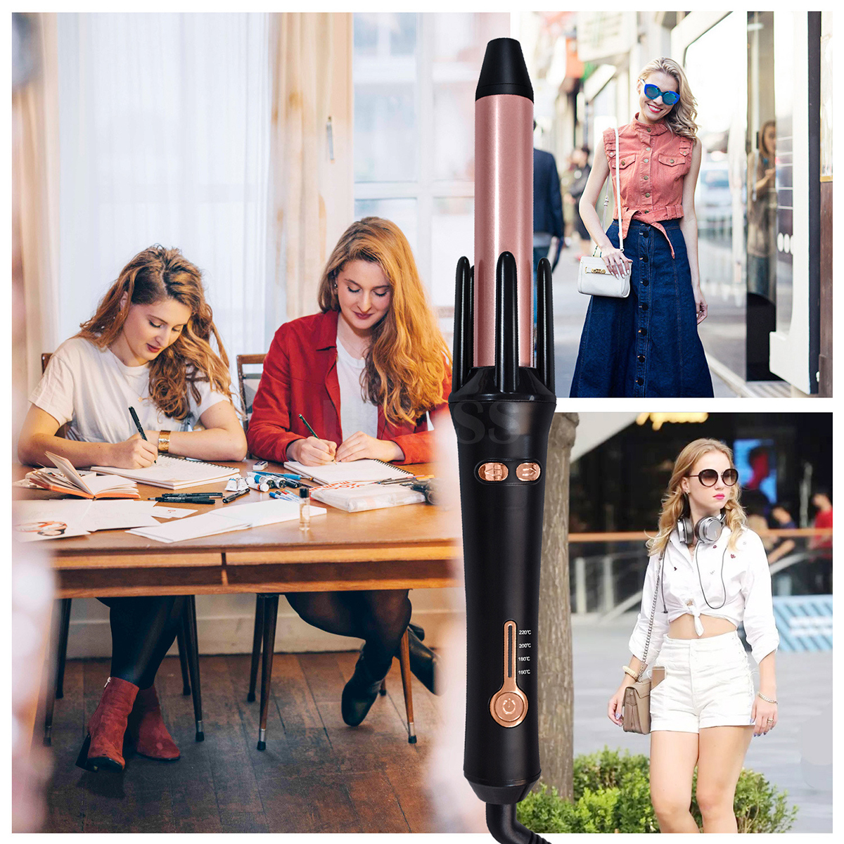 Haarstyler mit Frauen und einer Collage mit Menschen und einer Lifestyle-Szene.