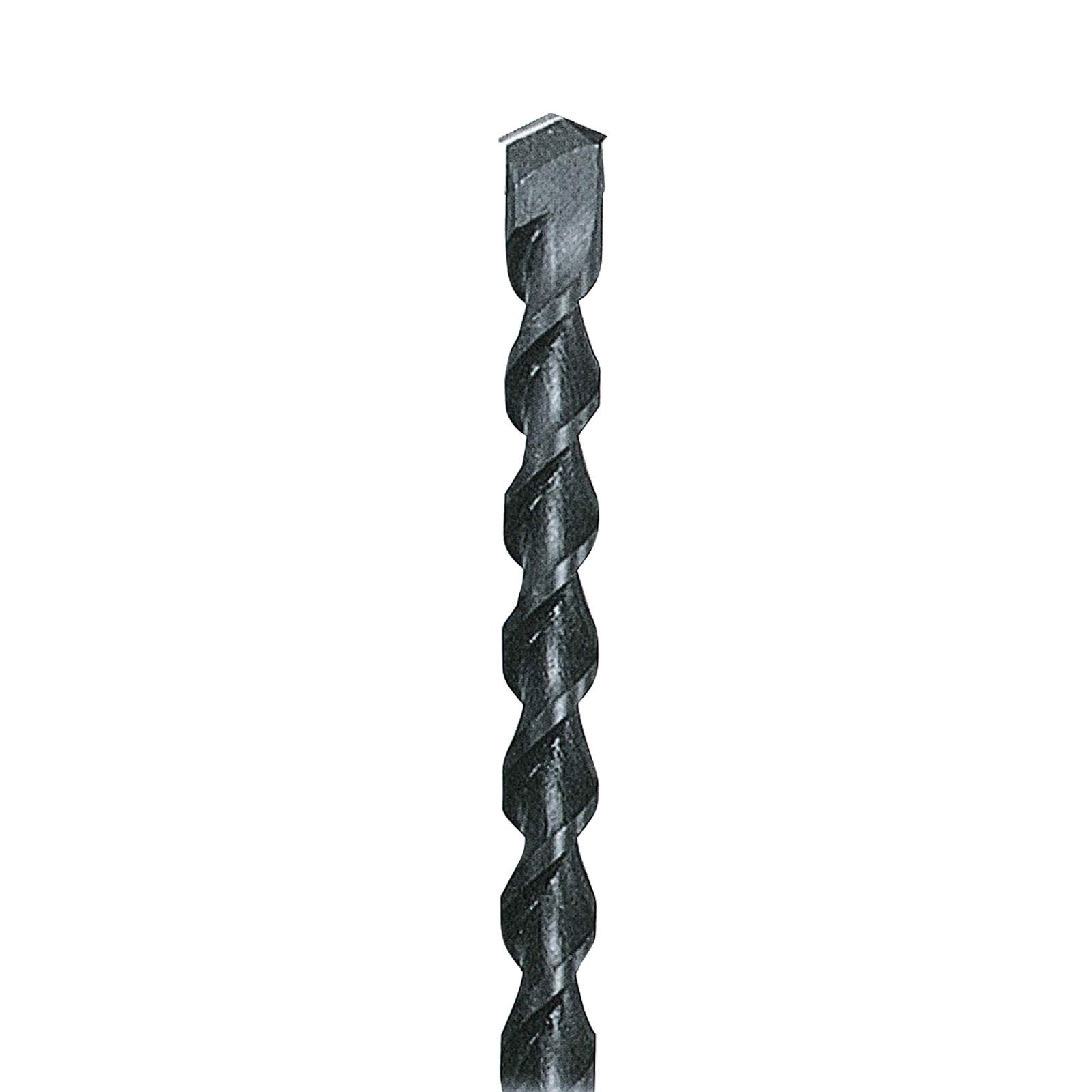 Una punta di trapano nera su sfondo bianco. La punta è a spirale con una punta affilata.