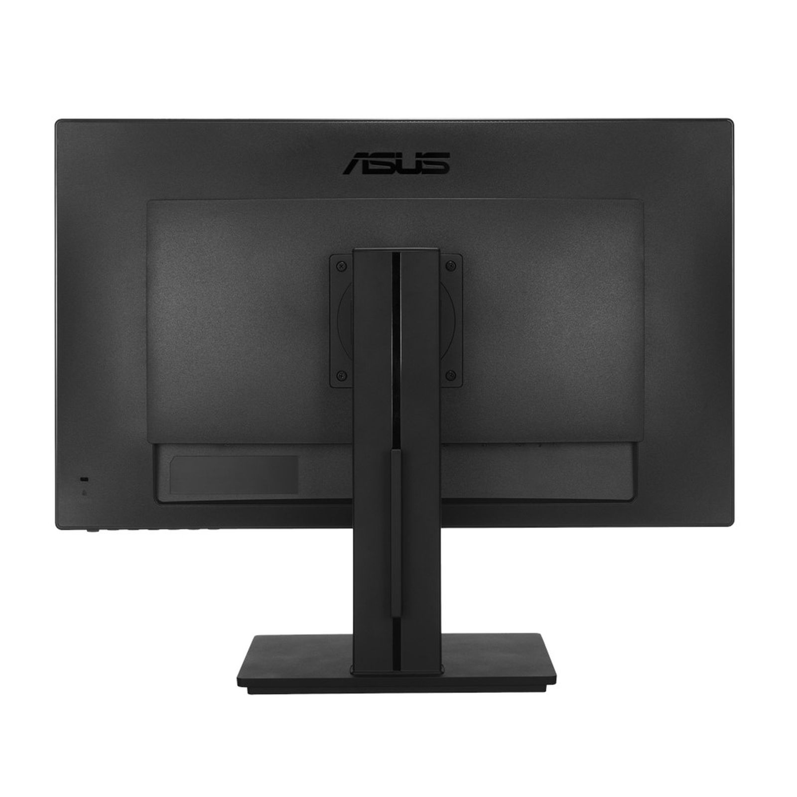 Tył czarnego monitora ASUS ze stojakiem i logo ASUS u góry.