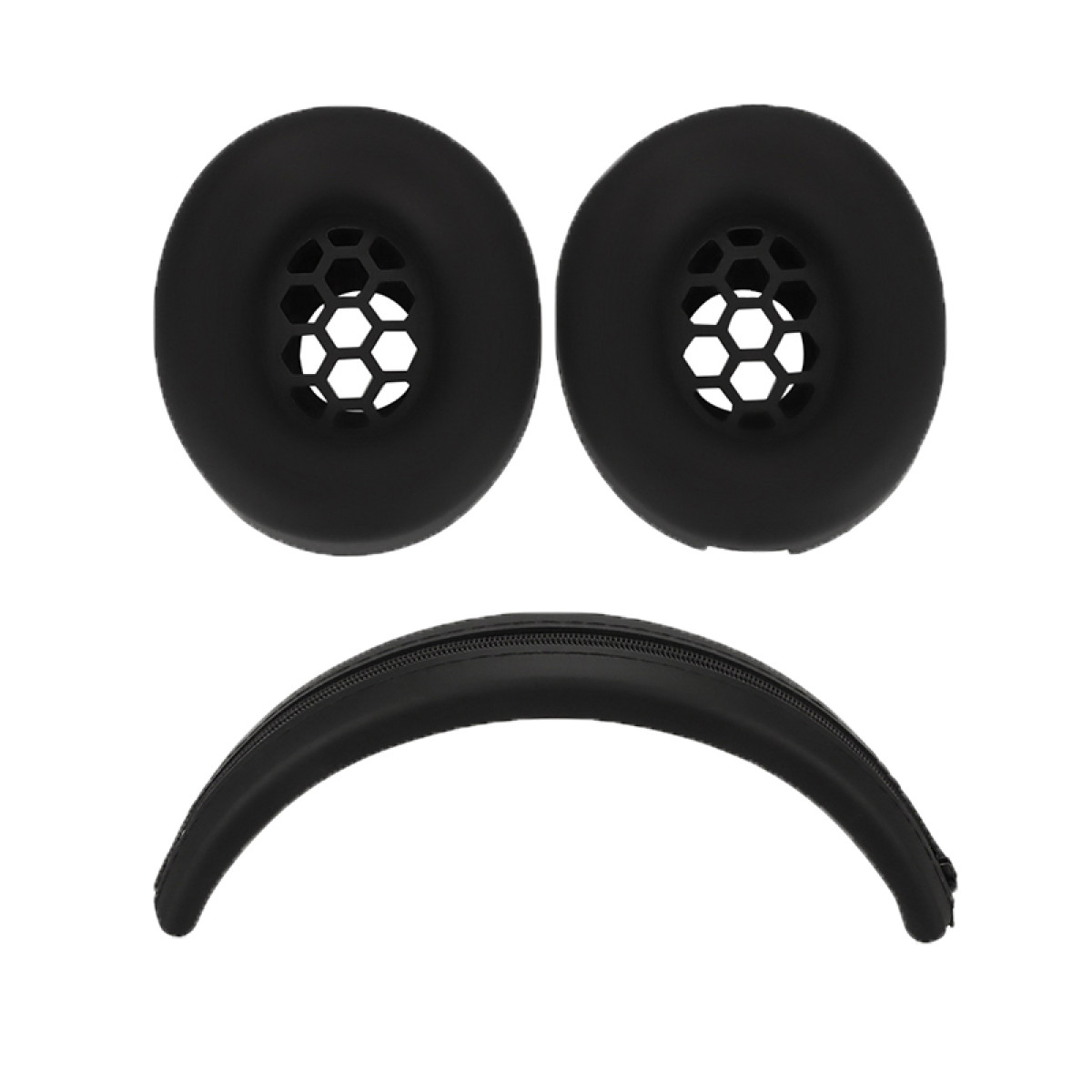 Due padiglioni auricolari neri e una fascia nera con cerniera. La disposizione ricorda una faccia triste.
