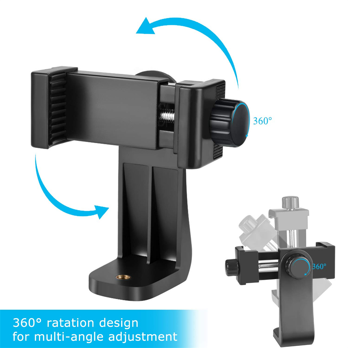 Eine schwarze Telefonhalterung für ein Stativ, mit blauen Pfeilen, die das 360-Grad-Rotationsdesign anzeigen.